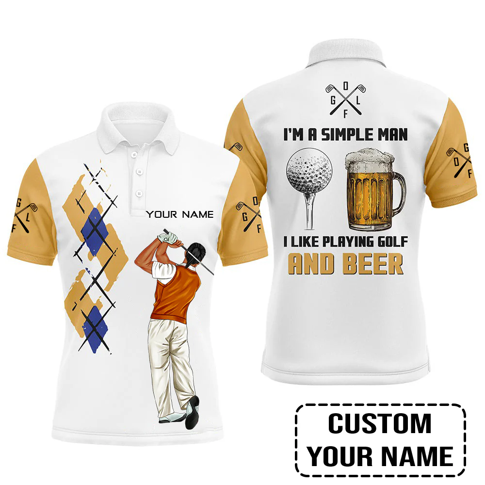 Golf Custom Polo Shirt, I'm A Simple Man Beer Argyle Pattern Personalized Golf Polo Shirt - Image 5