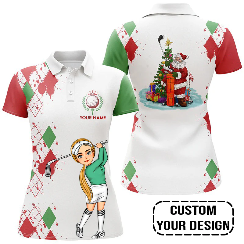 Golf Custom Women Polo Shirt, Argyle Pattern Christmas Golf Queen Personalized Women Polo Shirt - Image 2