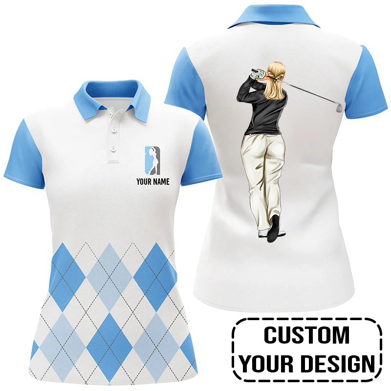 Golf Custom Women Polo Shirt, Argyle Pattern Golf Personalized Women Polo Shirt - Image 3