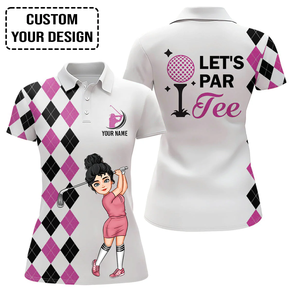 Golf Custom Women Polo Shirt, Argyle pattern Women golf polo shirt, Personalized Let's par tee Women Golf Polo Shirt - Image 2