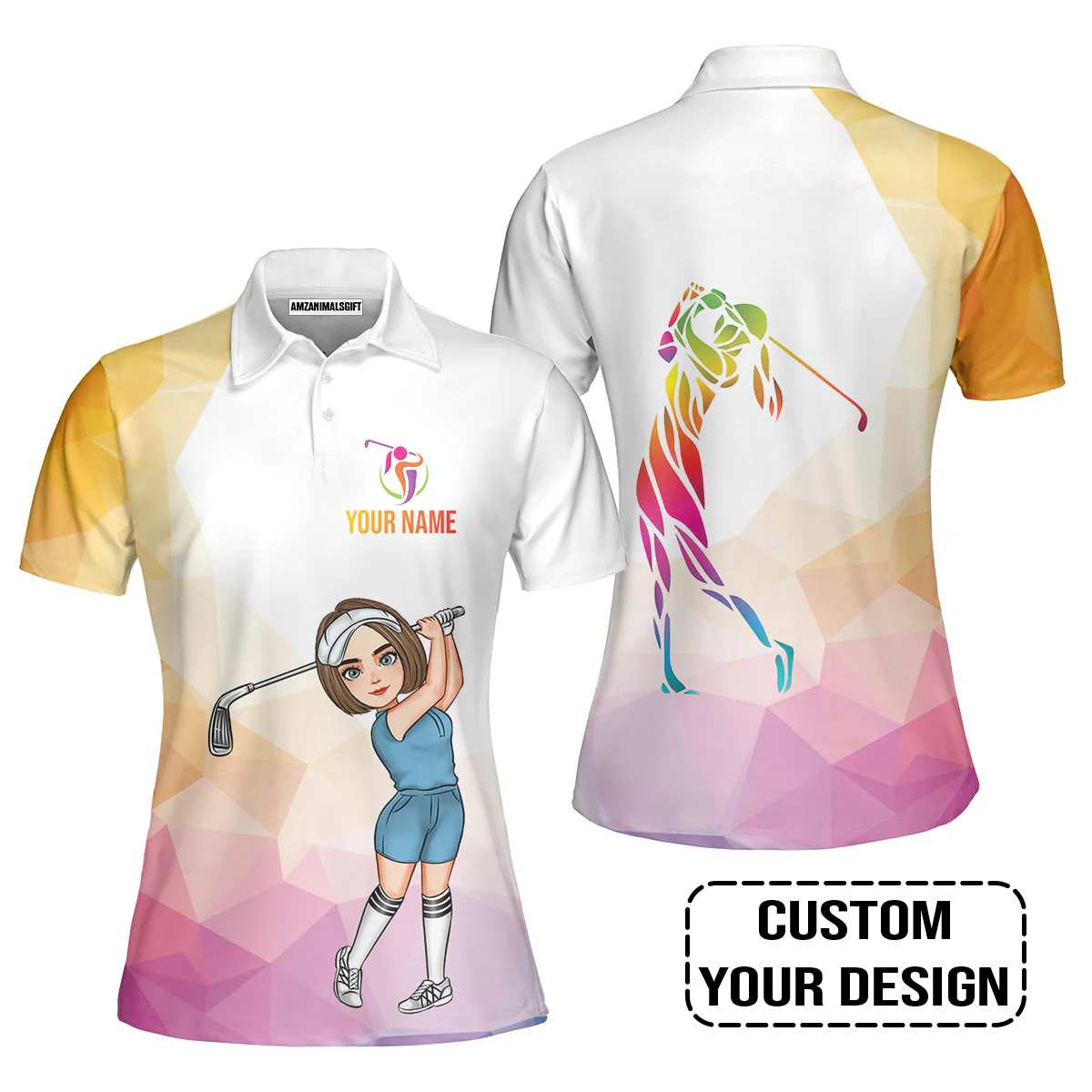 Golf Custom Women Polo Shirt, Colorful Rainbow Polygonal Personalized Women Polo Shirt - Image 5