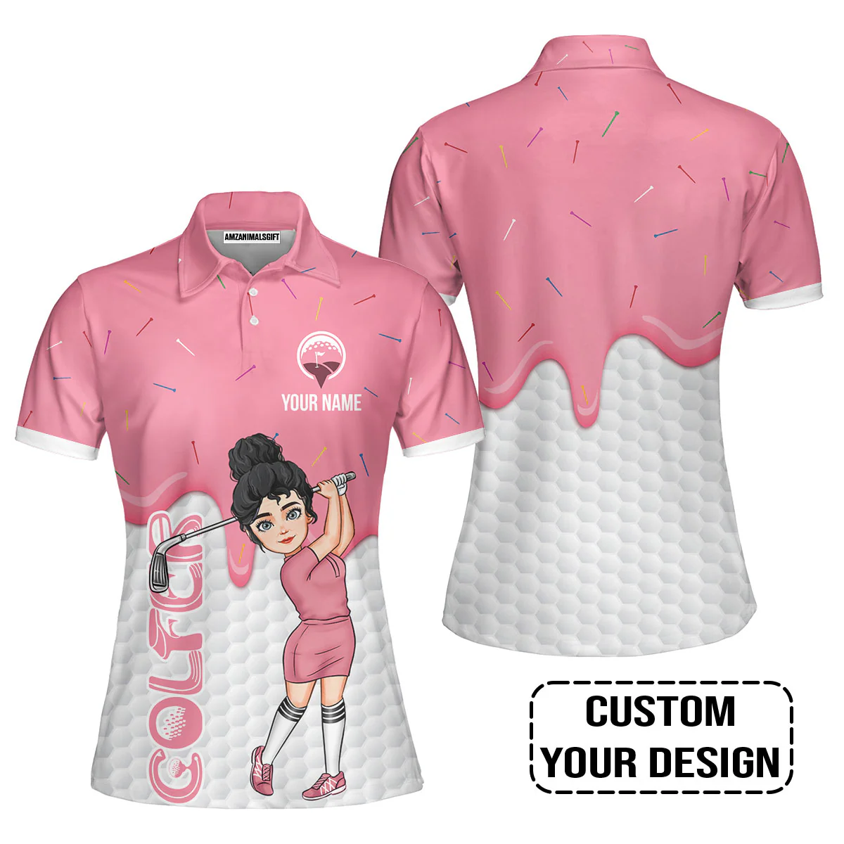 Golf Custom Women Polo Shirt, Ice Cream Melting On Golf Ball Cone Personalized Women Polo Shirts - Image 3