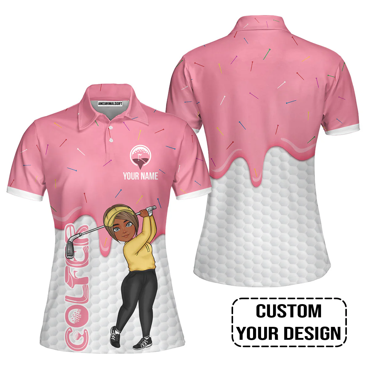 Golf Custom Women Polo Shirt, Ice Cream Melting On Golf Ball Cone Personalized Women Polo Shirts - Image 4