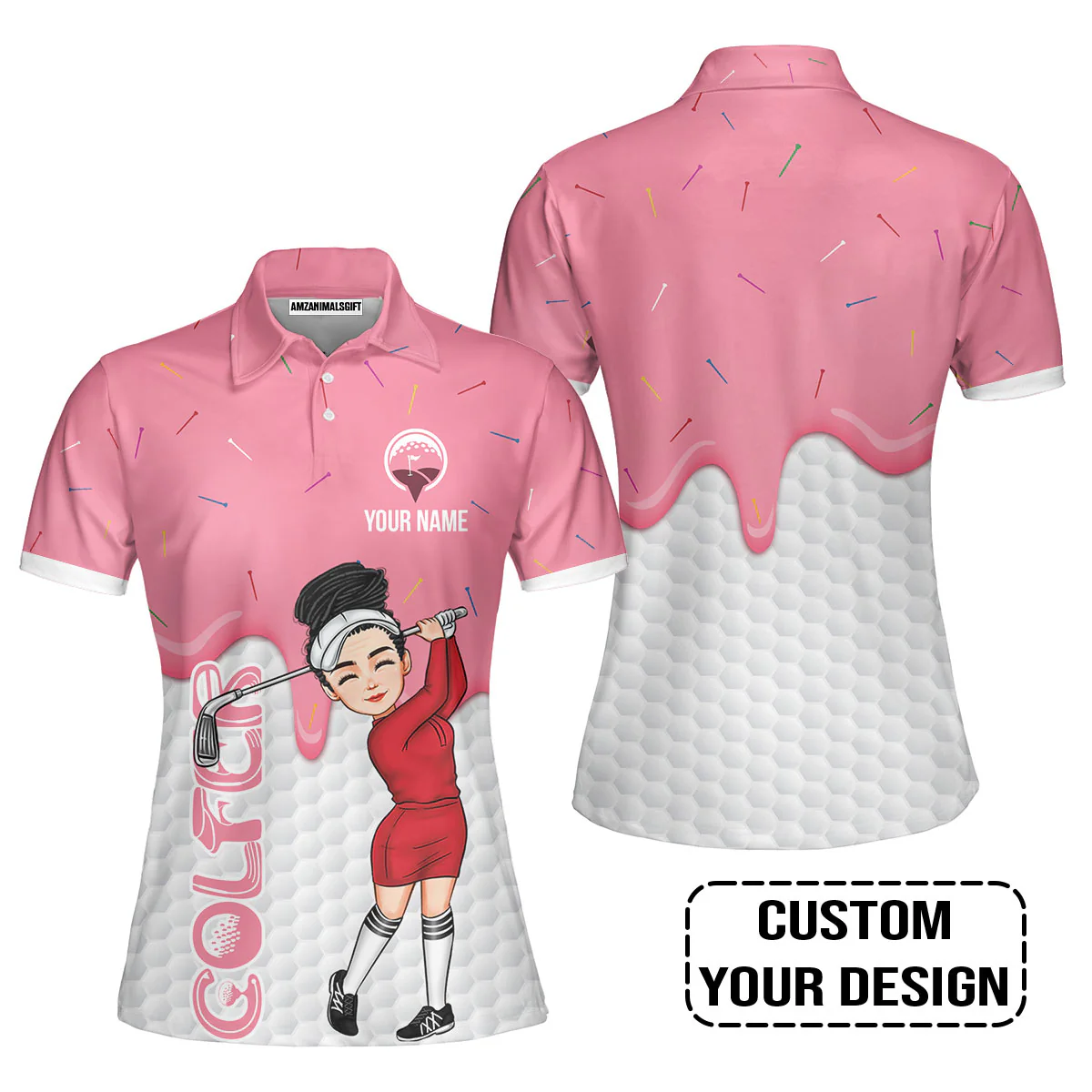 Golf Custom Women Polo Shirt, Ice Cream Melting On Golf Ball Cone Personalized Women Polo Shirts - Image 6