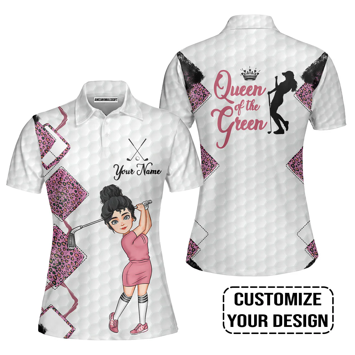 Golf Custom Women Polo Shirt, Leopard Pattern Queen Of The Green Personalized Women Polo Shirts - Image 2