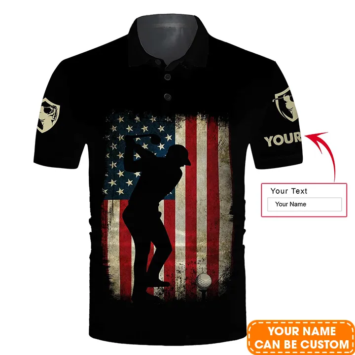 Golf Customized Long Sleeve Polo Shirt For Men Vintage American Flag Patriotic Black Apparel, Best Outfit For Golf Lover, Team, Golfer, 4th July - Image 4