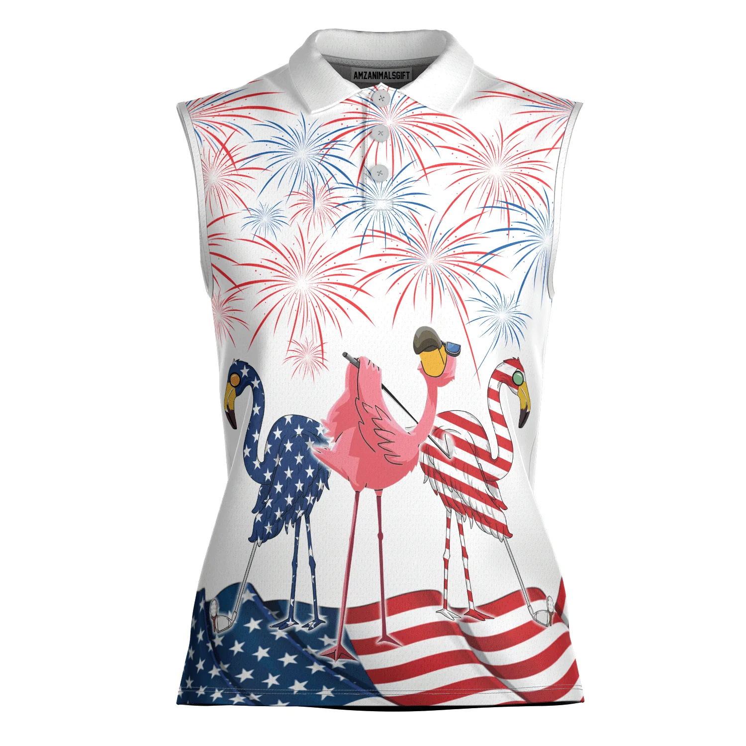 Golf Flamingo American Flag 4th Of July Women Polo Shirt, 4th Of July Patriotic Funny Flamingo Women Polo Shirt - Gift For Mother's Day, Golfers, Female - Image 3