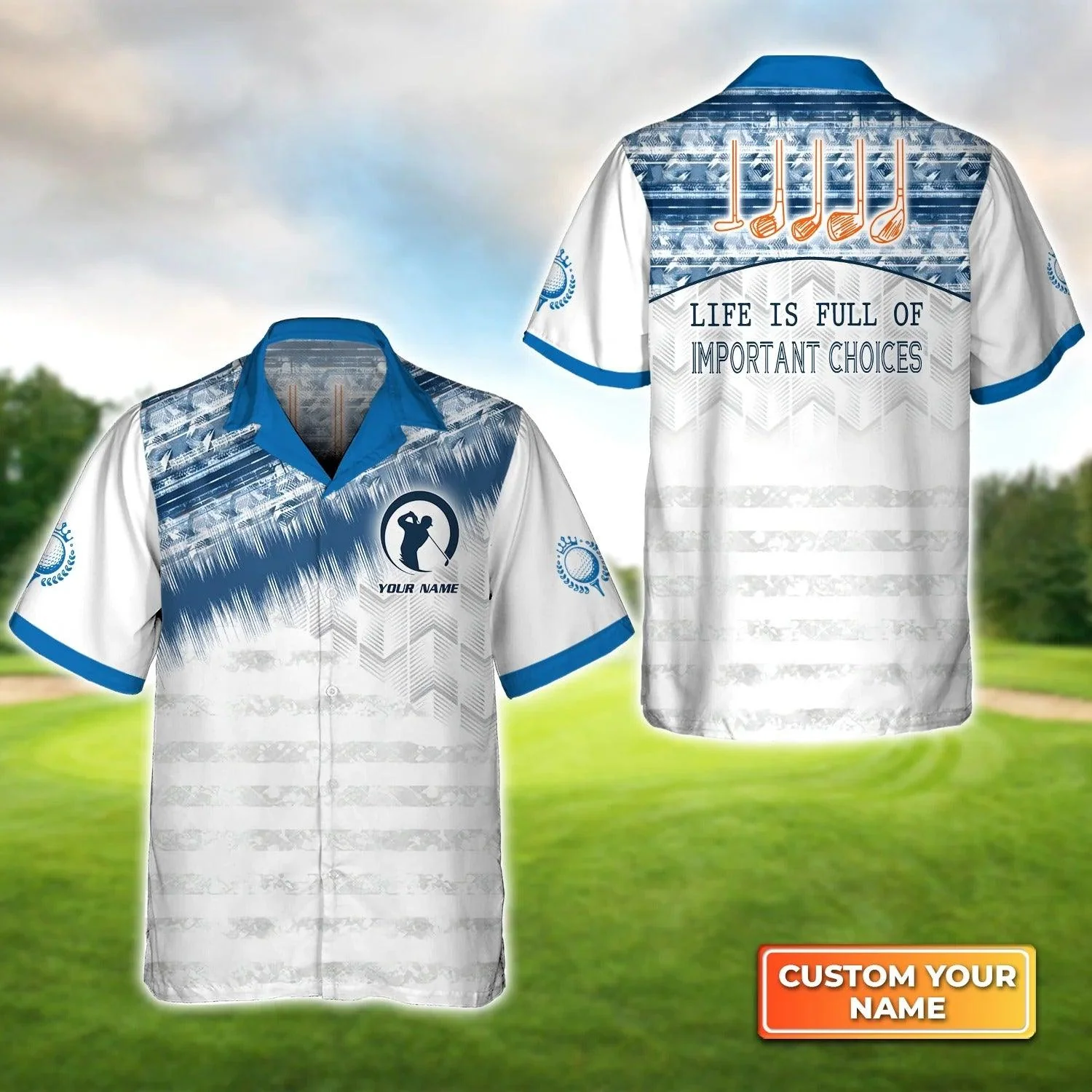 Golf Hawaiian Shirt Custom Name, Blue White Golf Clubs Pattern Personalized Aloha Hawaiian Shirt For Men Women - Perfect Gift For Husband, Friend