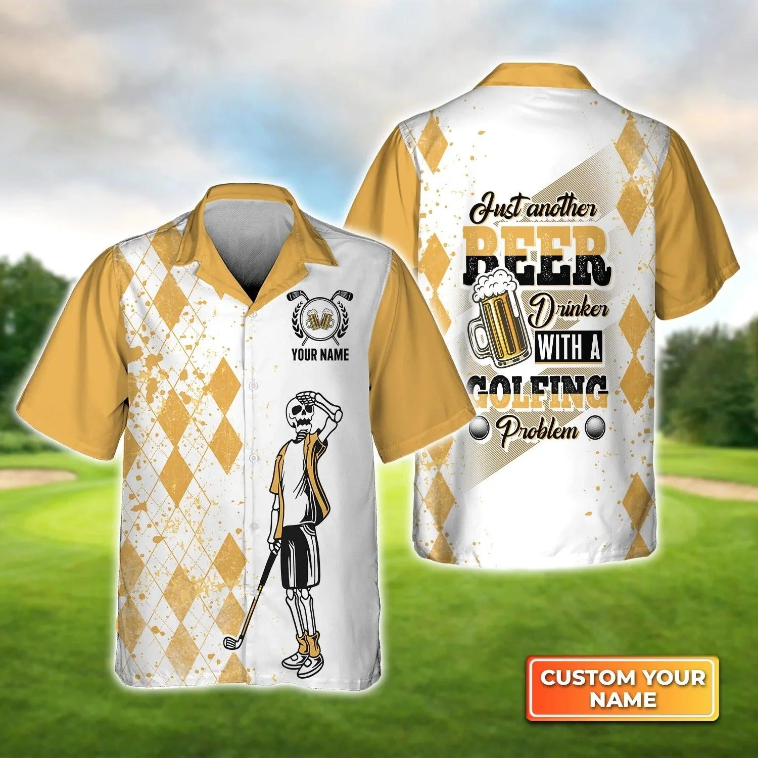 Golf Hawaiian Shirt Custom Name, Golf And Beer Argyle Pattern Skeleton Personalized Aloha Shirt For Men Women - Perfect Gift For Golfer, Friend