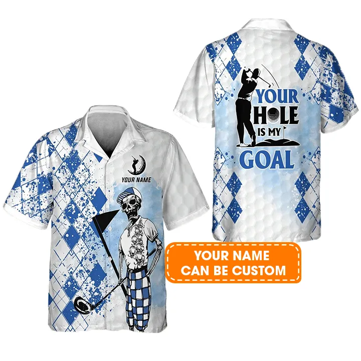 Golf Hawaiian Shirt Custom Name, Golf Skull Blue Pattern Your Hole Is My Goal Personalized Aloha Hawaiian Shirts For Men Women - Gift For Husband, Friend - Image 2