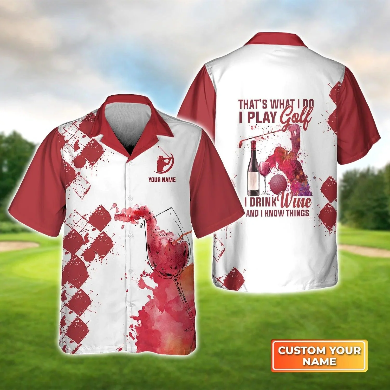 Golf Hawaiian Shirt Custom Name, Red Argyle Pattern Play Golf Drink Wine Personalized Aloha Shirt For Men Women - Perfect Gift For Husband, Friend