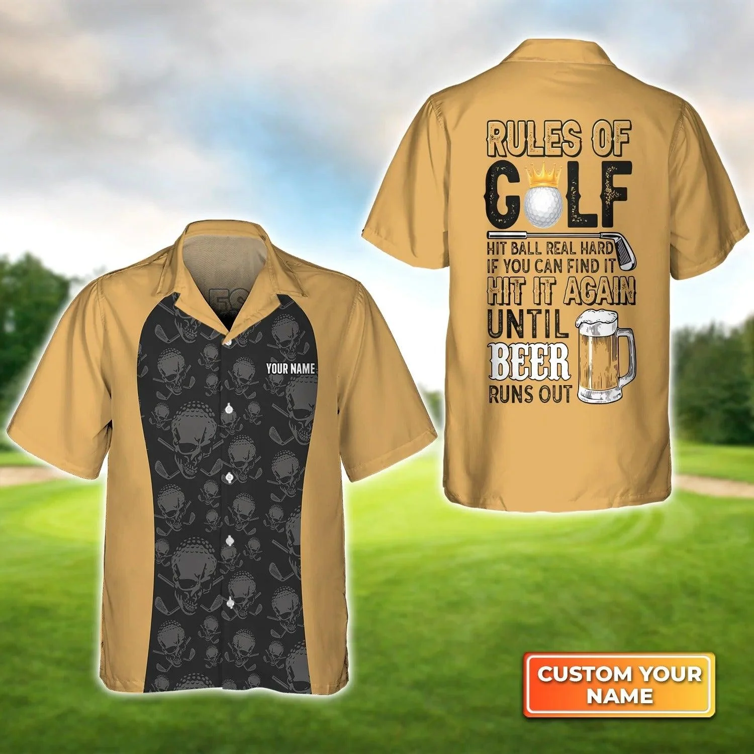 Golf Hawaiian Shirt Custom Name, Skull Golf & Beer Rules of Golf Personalized Aloha Hawaiian Shirt For Men Women - Perfect Gift For Husband, Friend