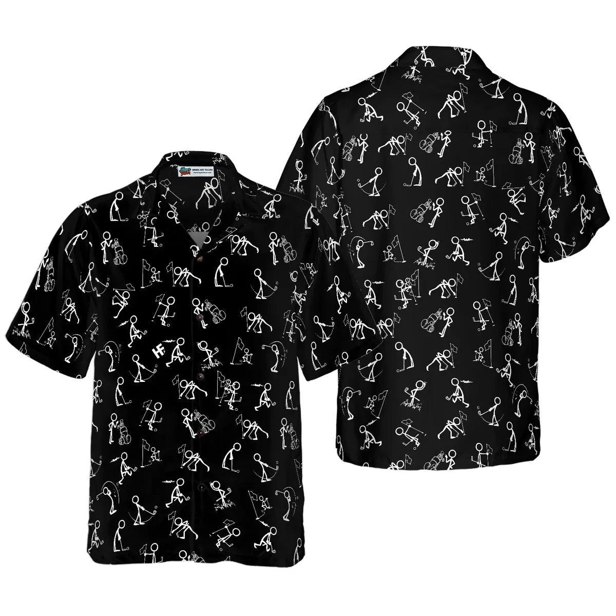 Golf Hawaiian Shirt, Golf Aloha Shirt, Stickfigures Playing Golf On Black Background Hawaii Shirt For Summer - Perfect Gift For Men, Women, Golf Lover