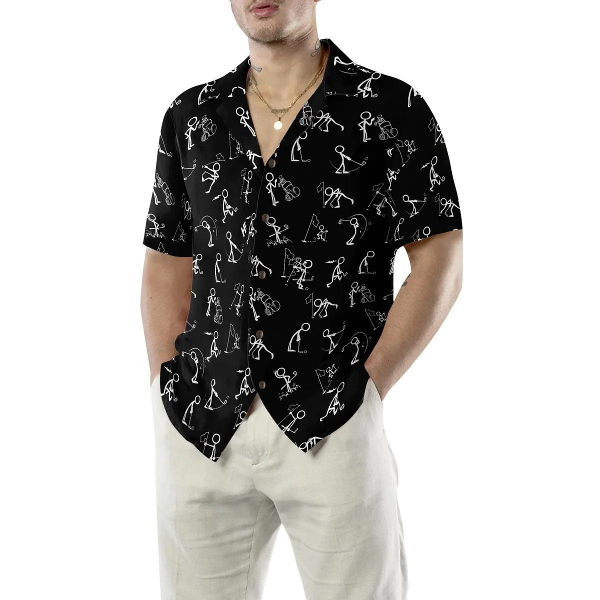 Golf Hawaiian Shirt, Golf Aloha Shirt, Stickfigures Playing Golf On Black Background Hawaii Shirt For Summer - Perfect Gift For Men, Women, Golf Lover - Image 5
