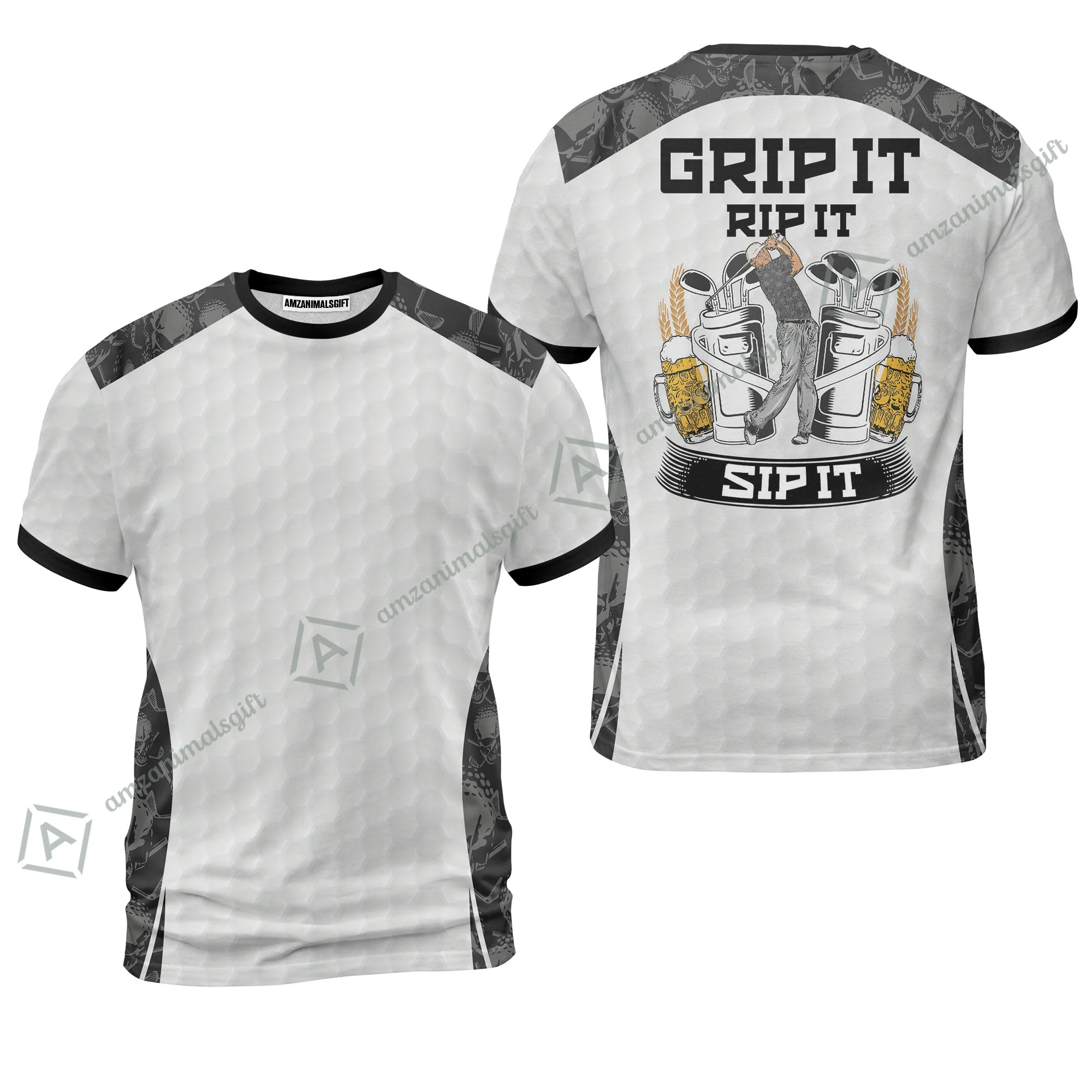 Golf Hawaiian Shirt - Golf Ball Pattern Skull, Grip It Rip It Sip It Golf White Hawaiian Shirt - Image 9
