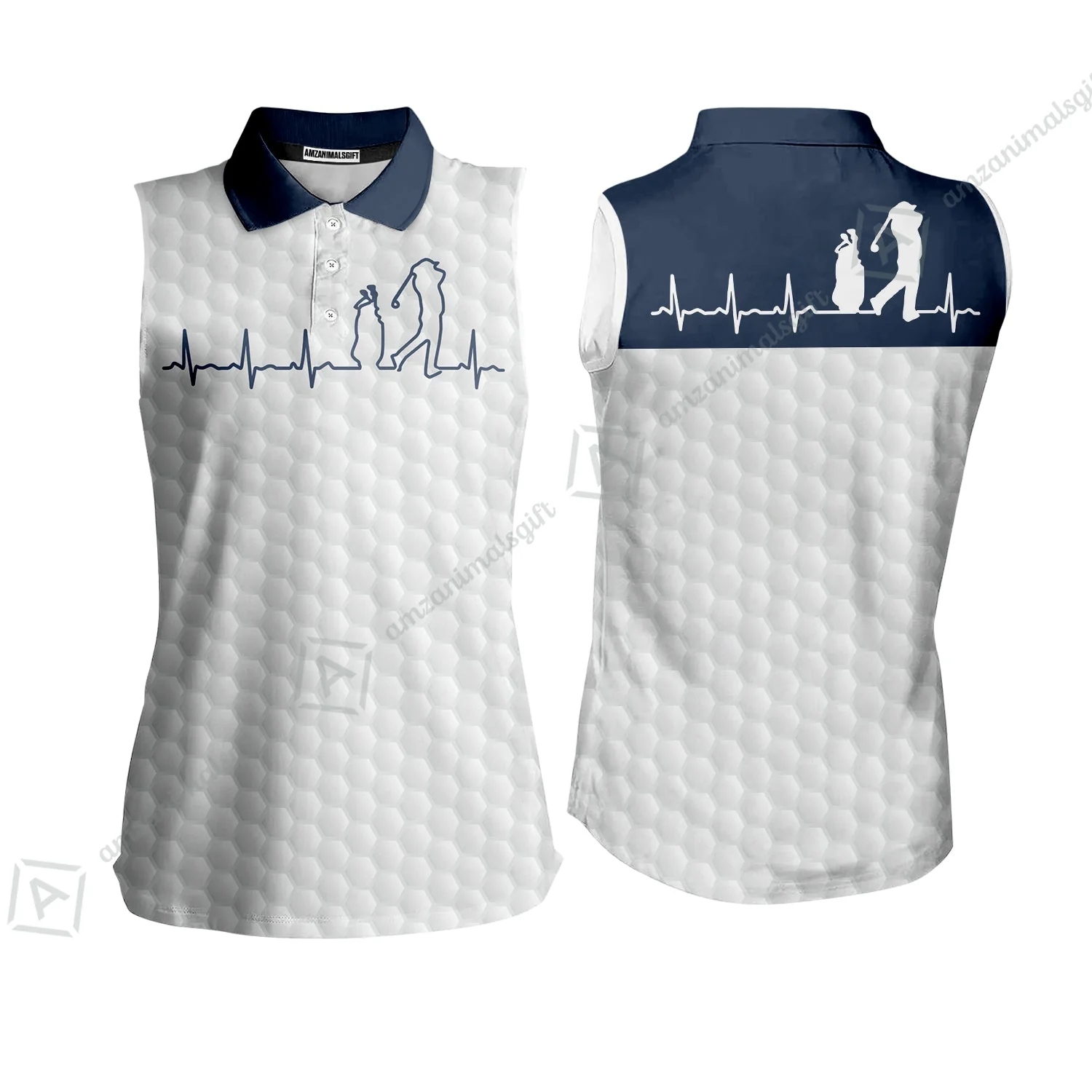 Golf Hawaiian Shirt - Heartbeat Golfer White And Navy Golf Hawaiian Shirt, White Golf Ball Pattern Hawaiian Shirt - Best Gift For Golfers - Image 3