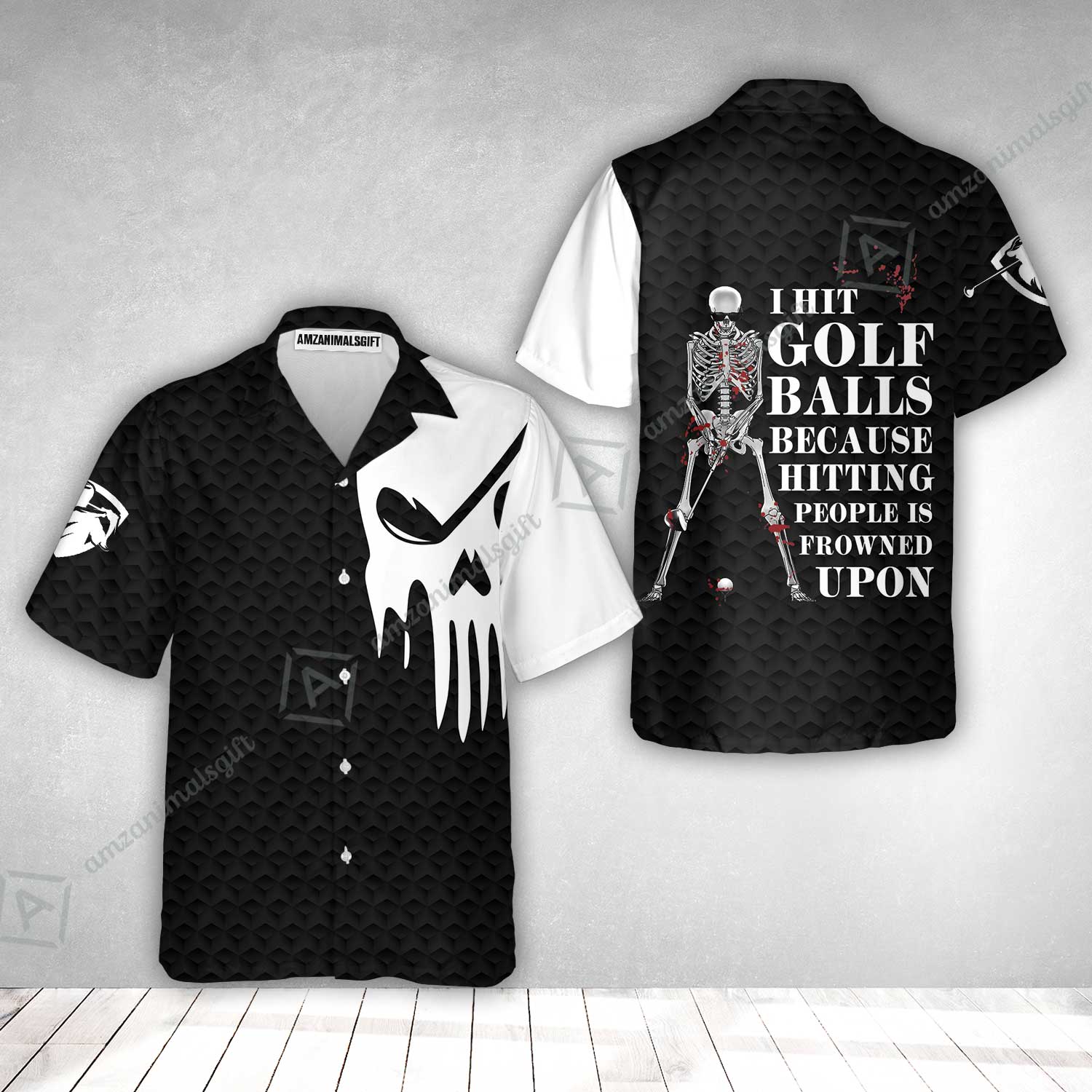 Golf Hawaiian Shirt - I Hit Golf Ball Hawaiian Shirt, Black And White Golf Shirt Design With Sayings, Scary Skeleton Golf Shirt - Image 2