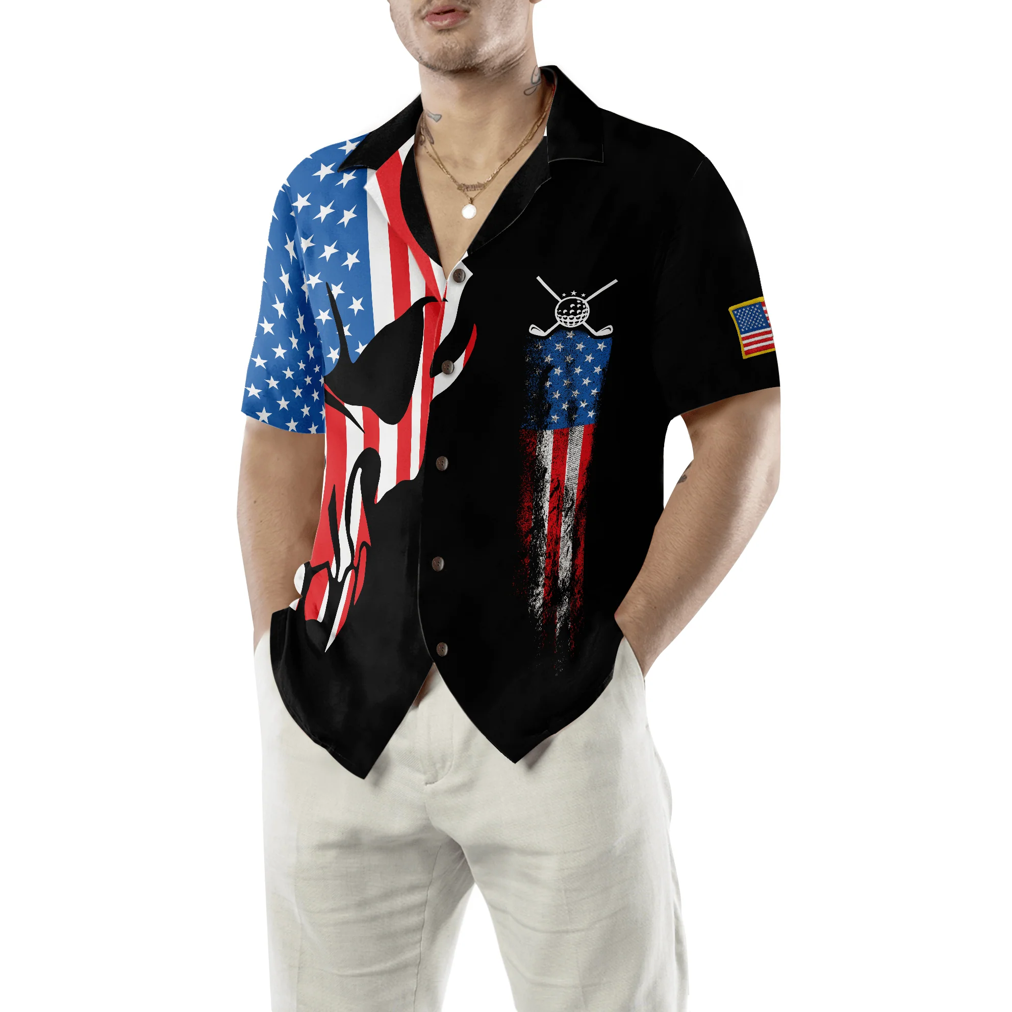 Golf Hawaiian Shirt, Skull With American Flag Aloha Hawaiian Shirt, Golf Club Colorful Summer Aloha Shirt, Gift For Friend, Golf Lovers, Golfer - Image 5