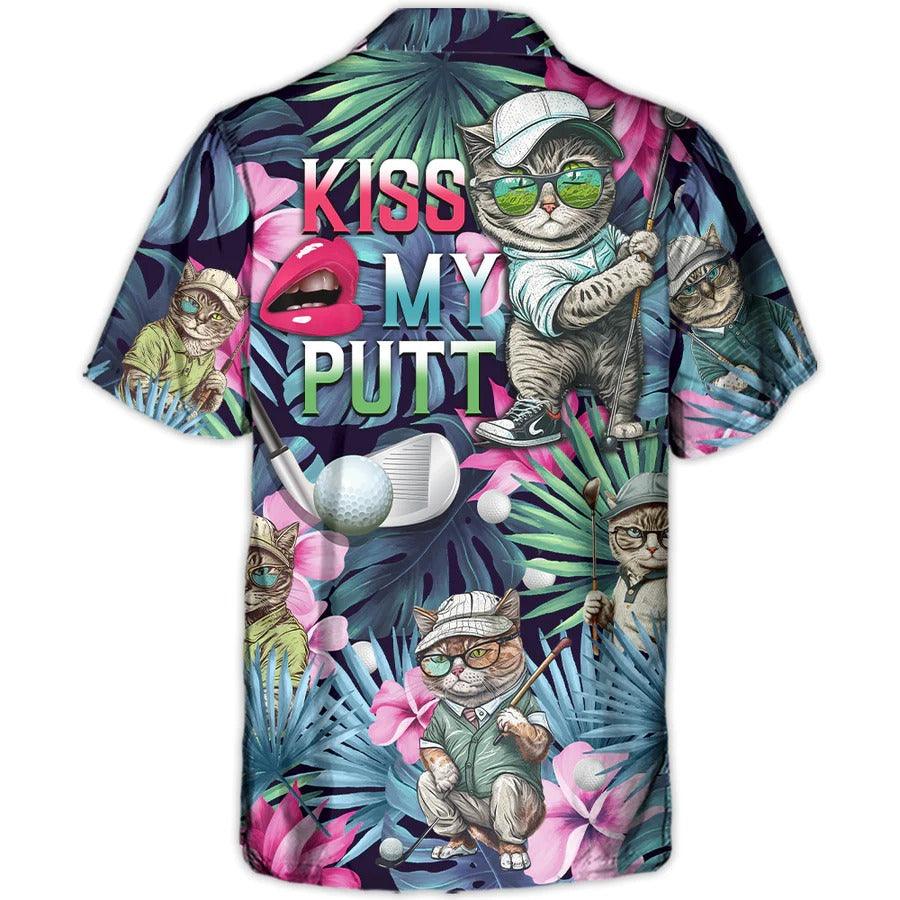 Golf Hawaiian Shirts - Funny Cat Playing Golf Aloha Shirts, Kiss My Putt Tropical Floral Hawaiian Shirt - Perfect Gift For Men, Golfer, Cat Lovers