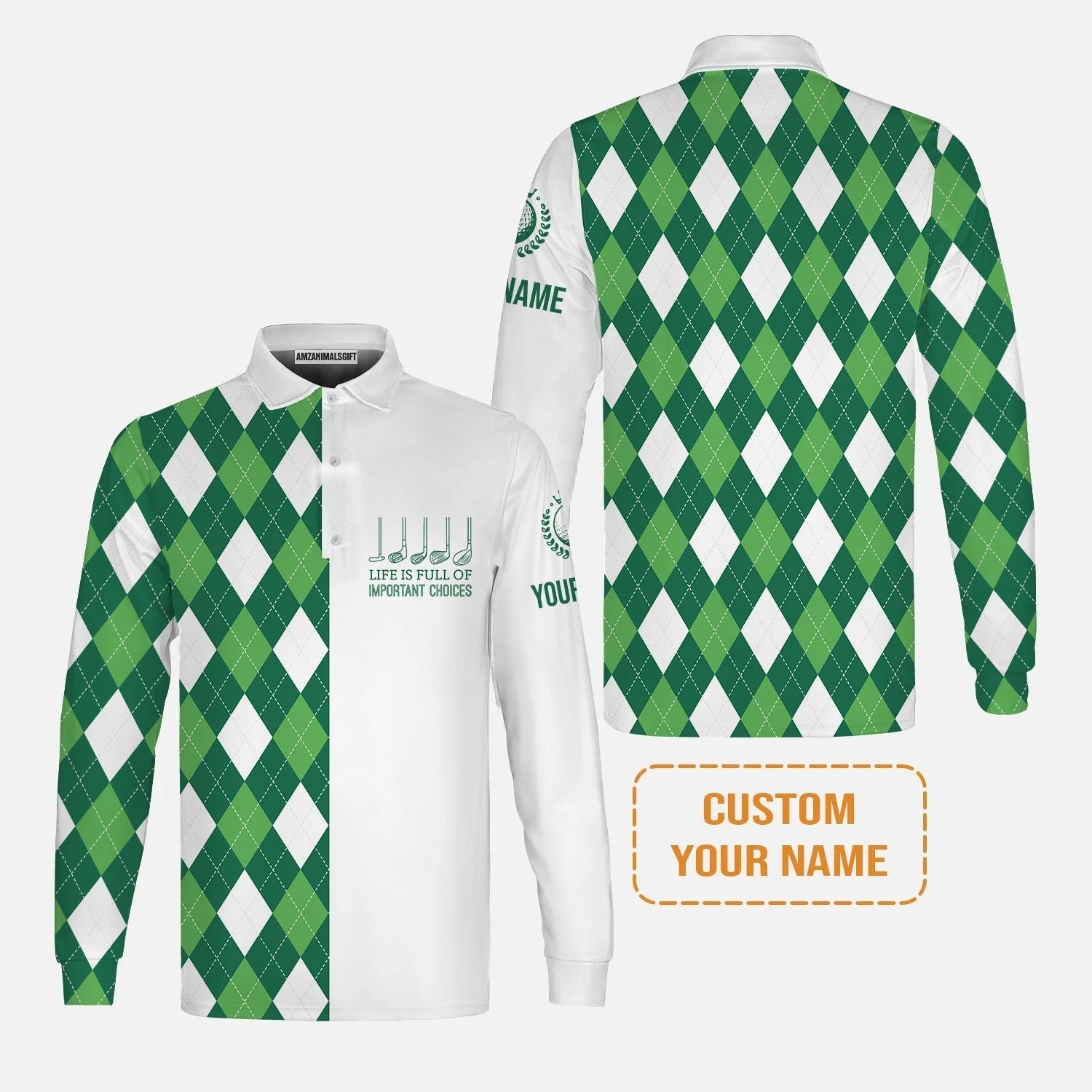 Golf Hoodie-Custom Name Green Argyle Plaid Apparel - Life Is Full Of Important Choices - Personalized Gift For Golf Lover, Men, Husband, Team - Image 5