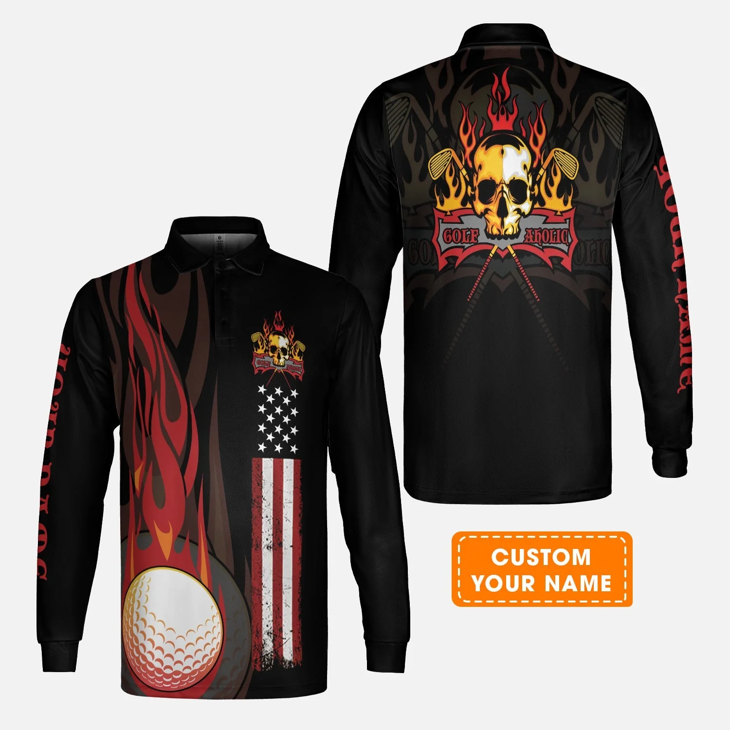 Golf Hoodie - Flame Skull Golf Ball American Flag Custom Name Hoodie - Personalized Gift For Golf Lover, Men, Patriotic - Image 8