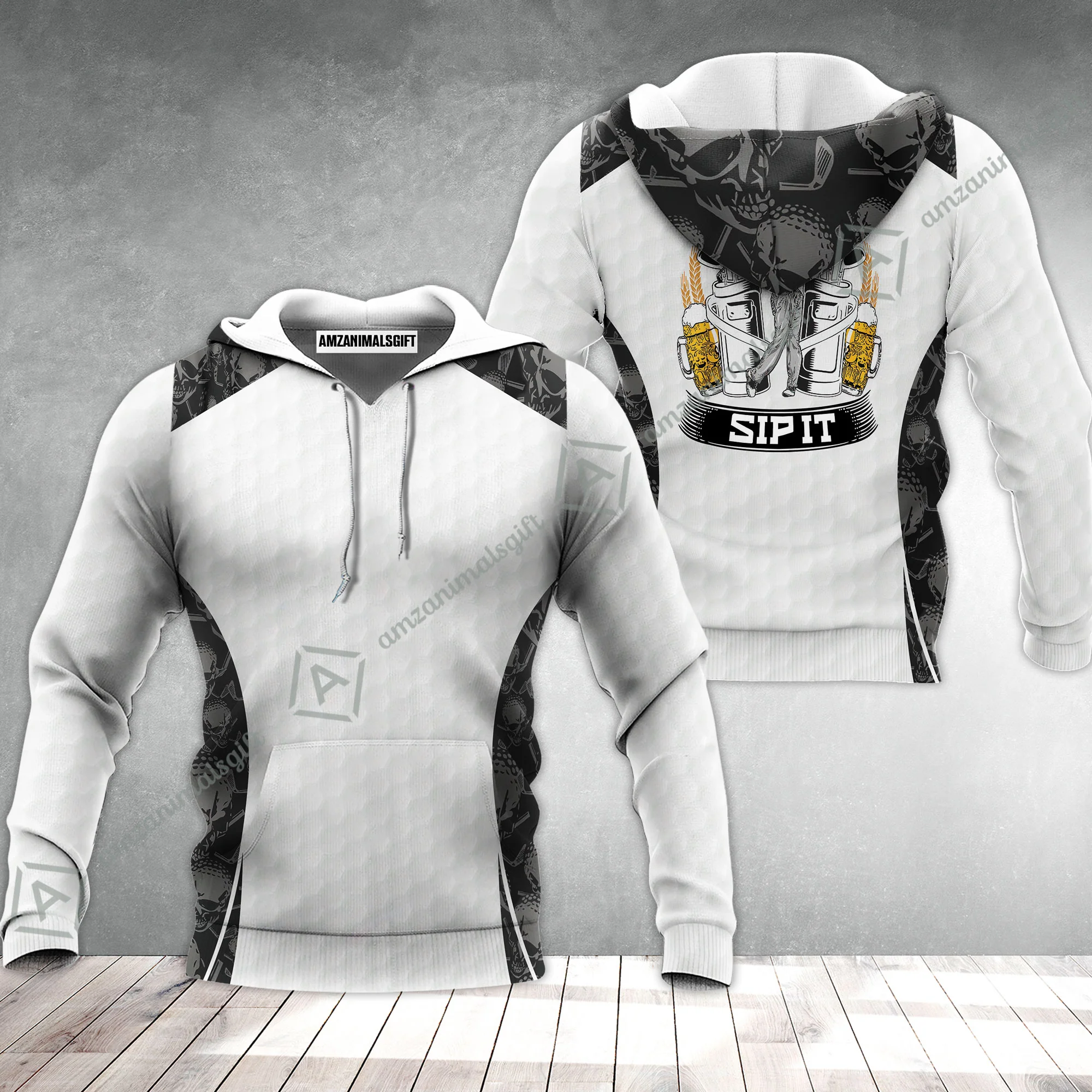 Golf Hoodie - Golf Ball Pattern Skull, Grip It Rip It Sip It Golf White Hoodie - Image 2