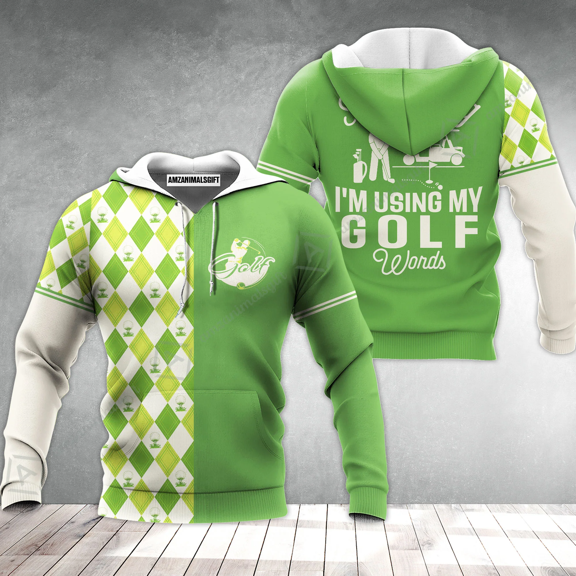 Golf Hoodie, I'm Not Swearing I'm Using My Golf Words Hoodie, Green Argyle Pattern Hoodie - Image 2