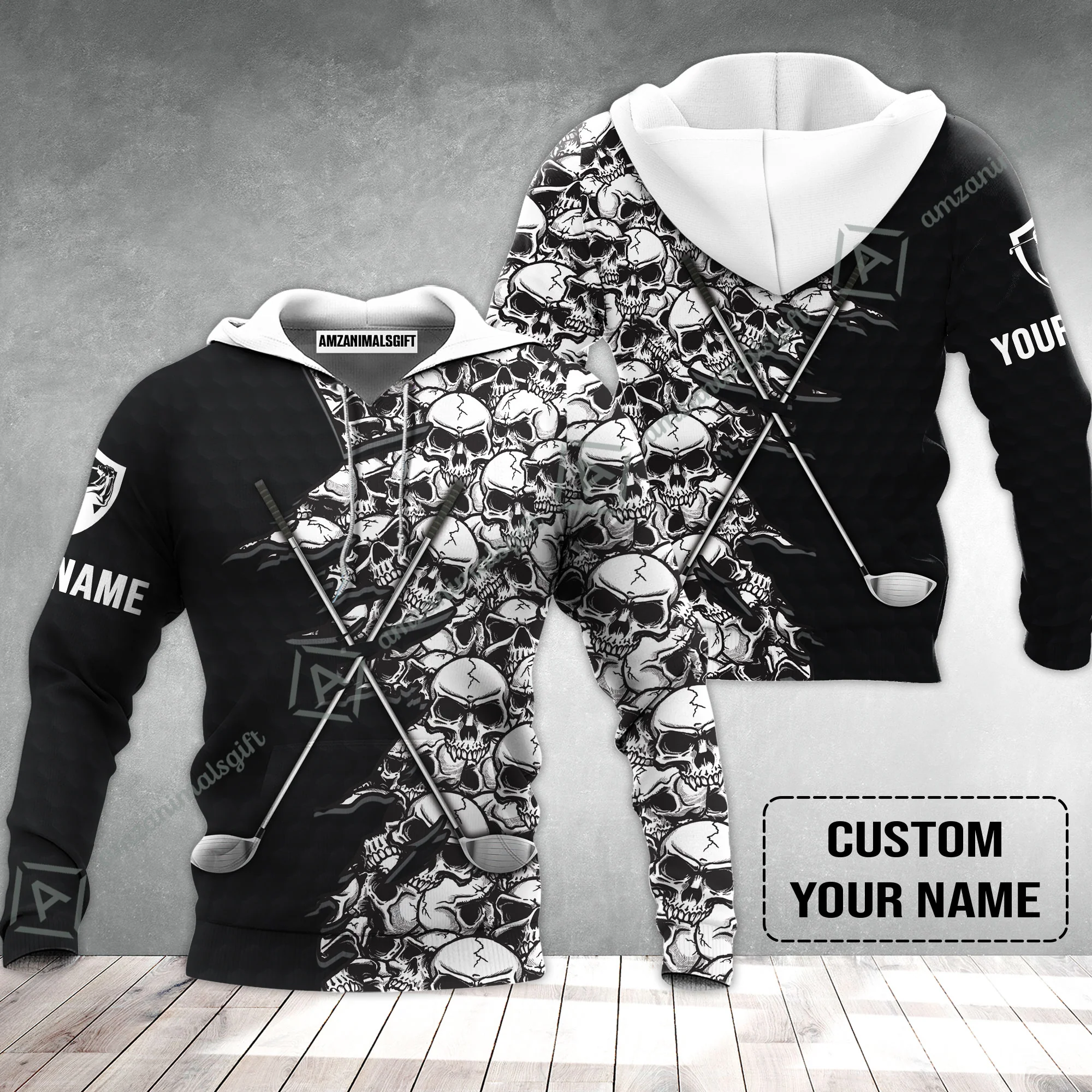 Golf Hoodie, Pattern Skull Golf Clubs Performance Custom Name Apparel - Personalized Sports Gift For Men, Golf Lovers - Image 2
