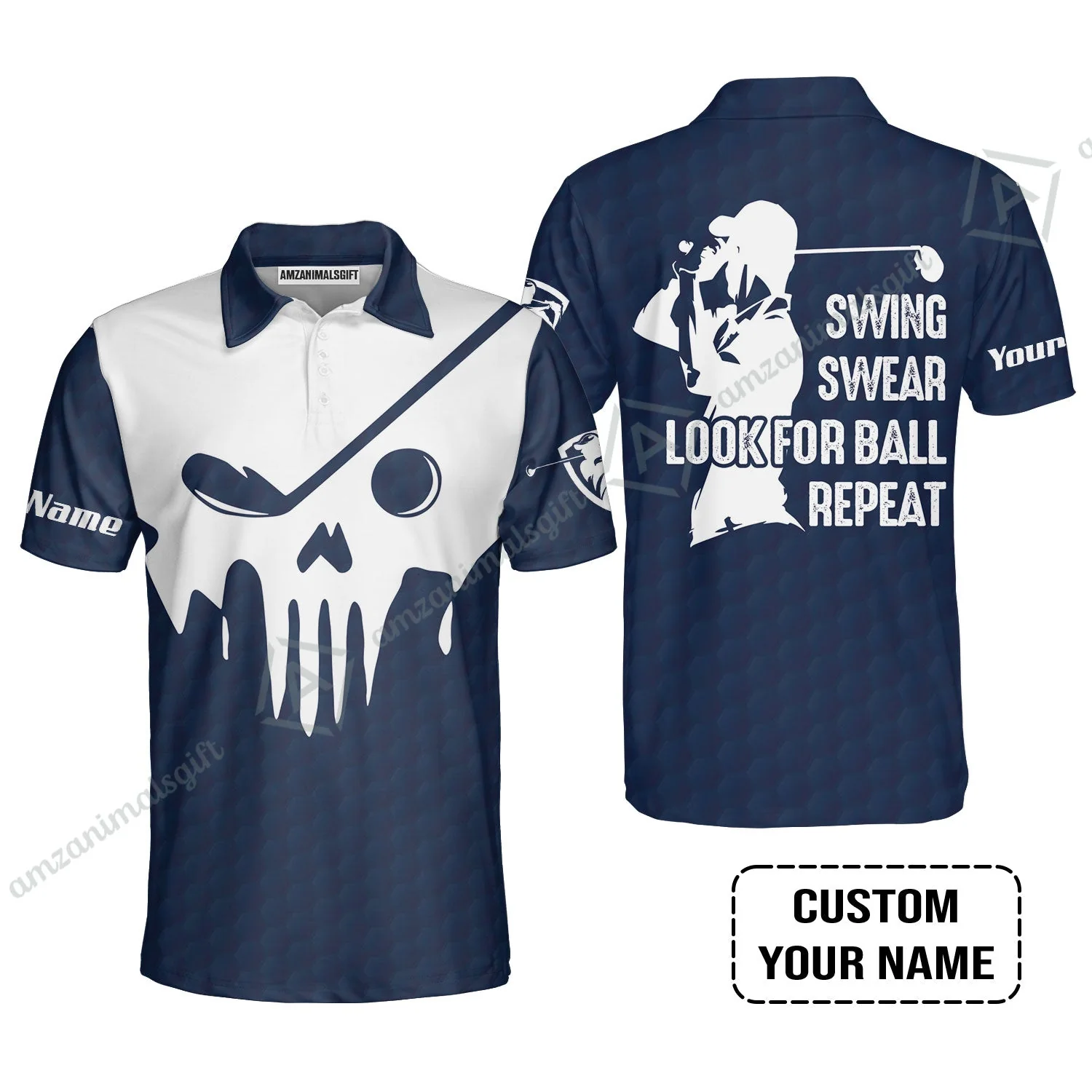 Golf Long Sleeve Men Polo Shirt - Custom Name Golf Skull - Swing Swear Look For Ball Repeat Long Sleeve Men Polo Shirt - Image 3