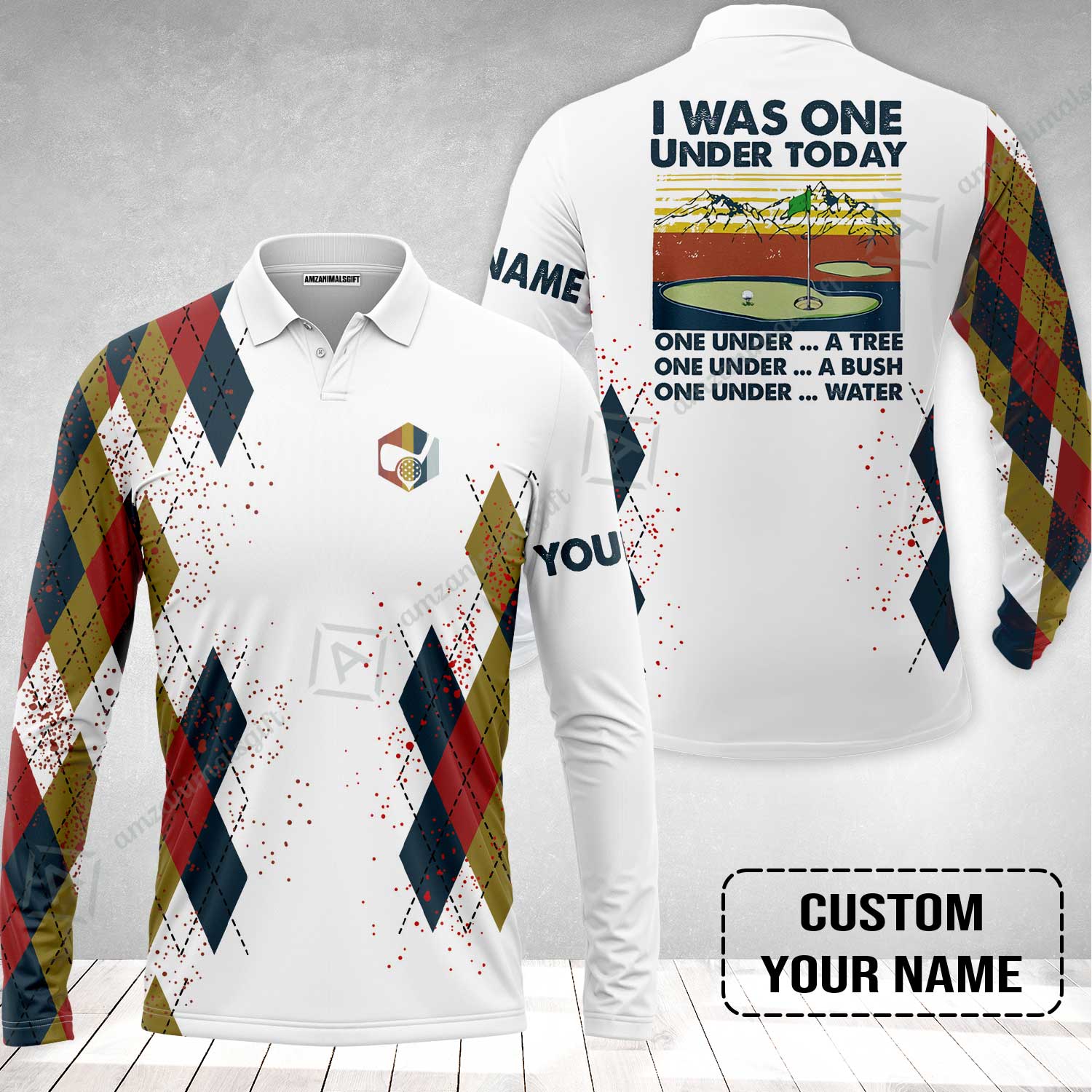 Golf Long Sleeve Men Polo Shirt Custom Name - I Was One Under Today One Under A Tree Bush and Water - Image 2