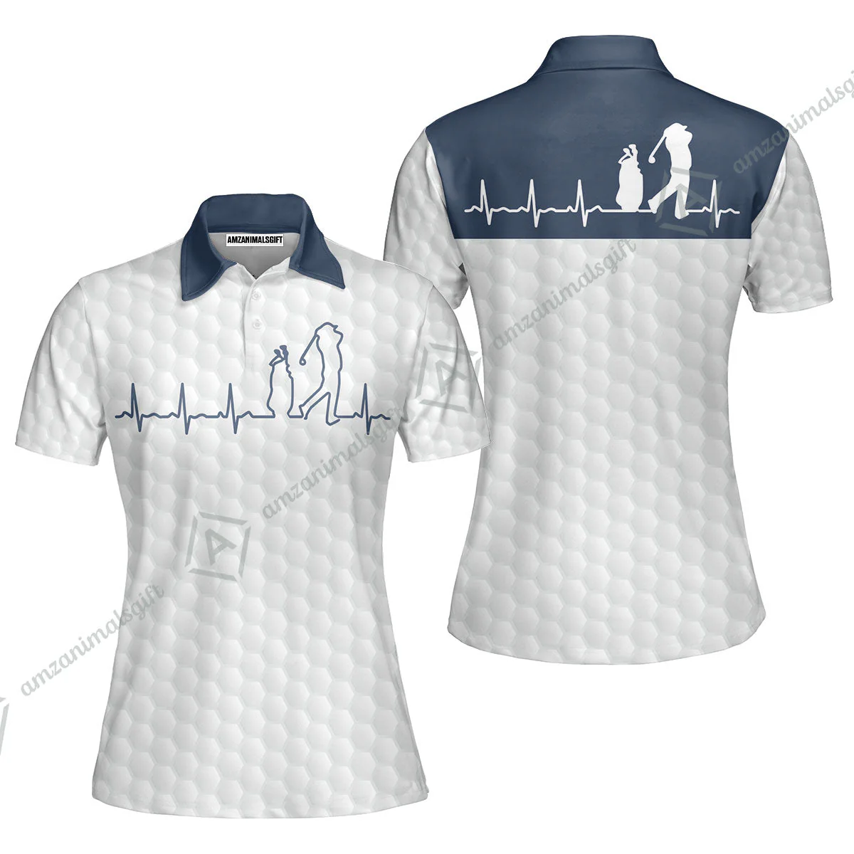 Golf Long Sleeve Men Polo Shirt - Heartbeat Golfer White And Navy Golf Men Polo Shirt, White Golf Ball Pattern Polo Shirt - Best Gift For Golfers - Image 6