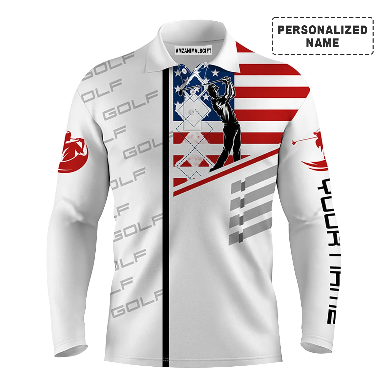 Golf Long Sleeve Polo Shirt American Flag Argyle Pattern Customized Name For Men, Perfect Golf Outfit For Golfers, Team, Golf Lovers - Image 2