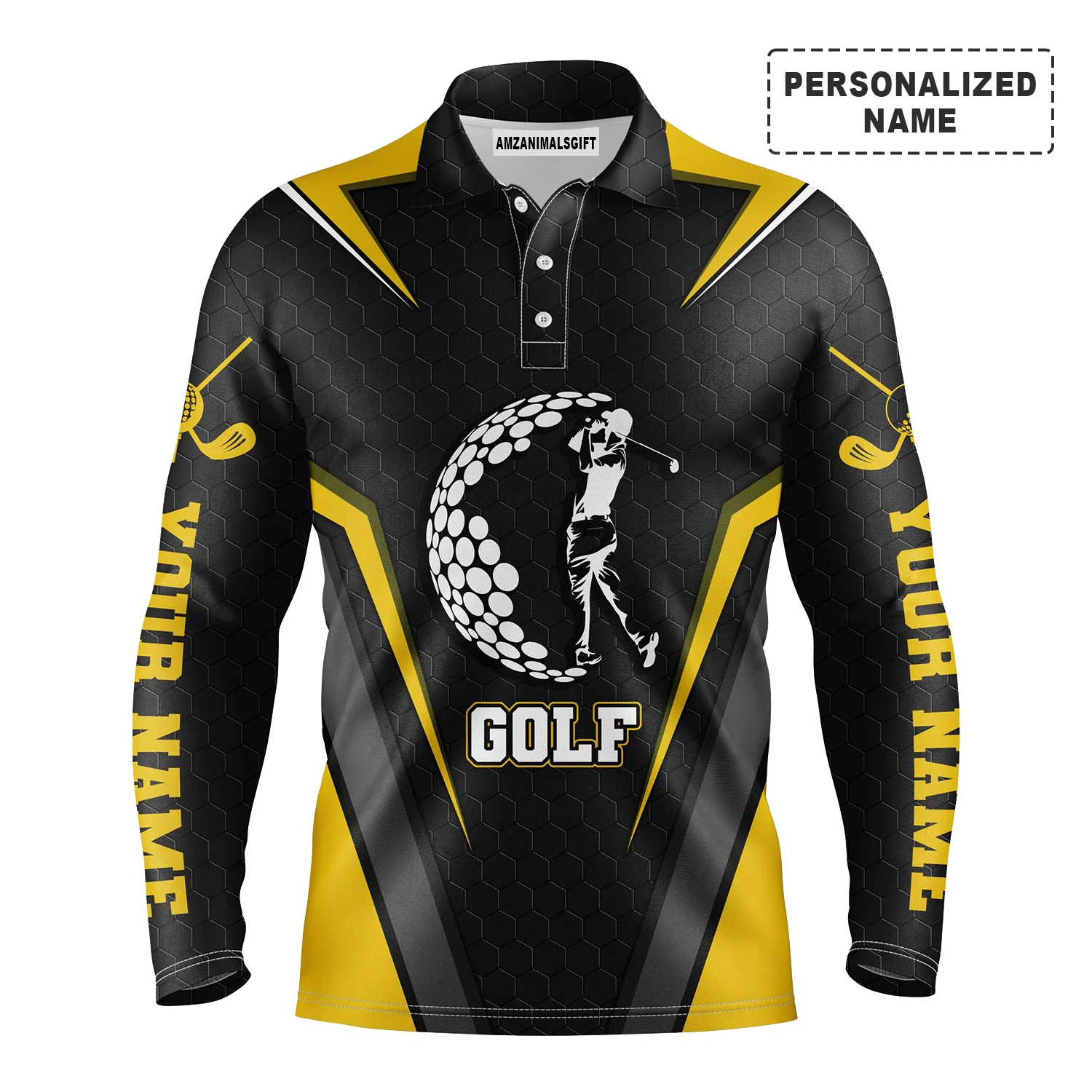 Golf Long Sleeve Polo Shirt Customized Name Swing Black Yellow Gold Men Apparel, Personalized Outfit For Men, Golf Lovers, Golfers - Image 2