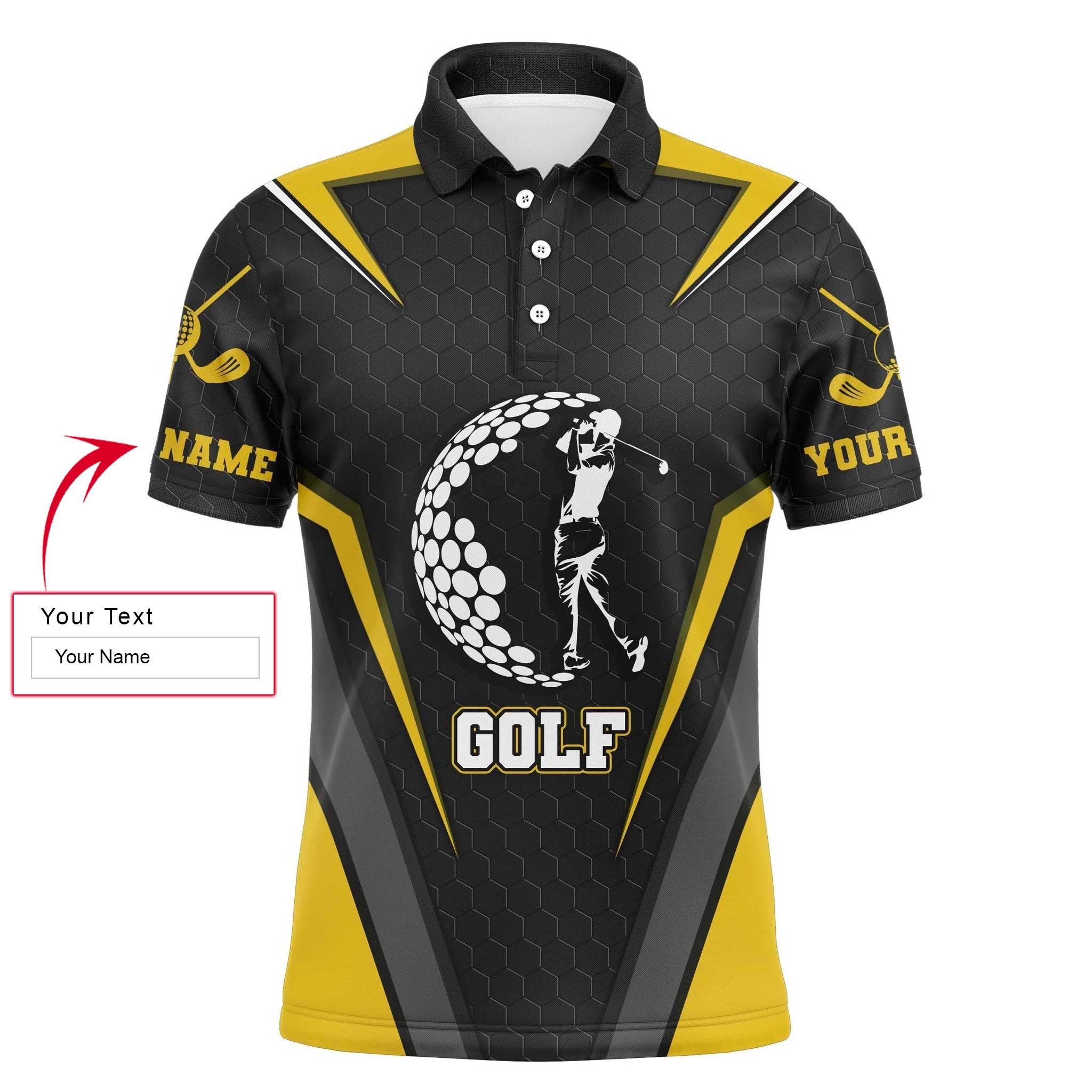 Golf Long Sleeve Polo Shirt Customized Name Swing Black Yellow Gold Men Apparel, Personalized Outfit For Men, Golf Lovers, Golfers - Image 3