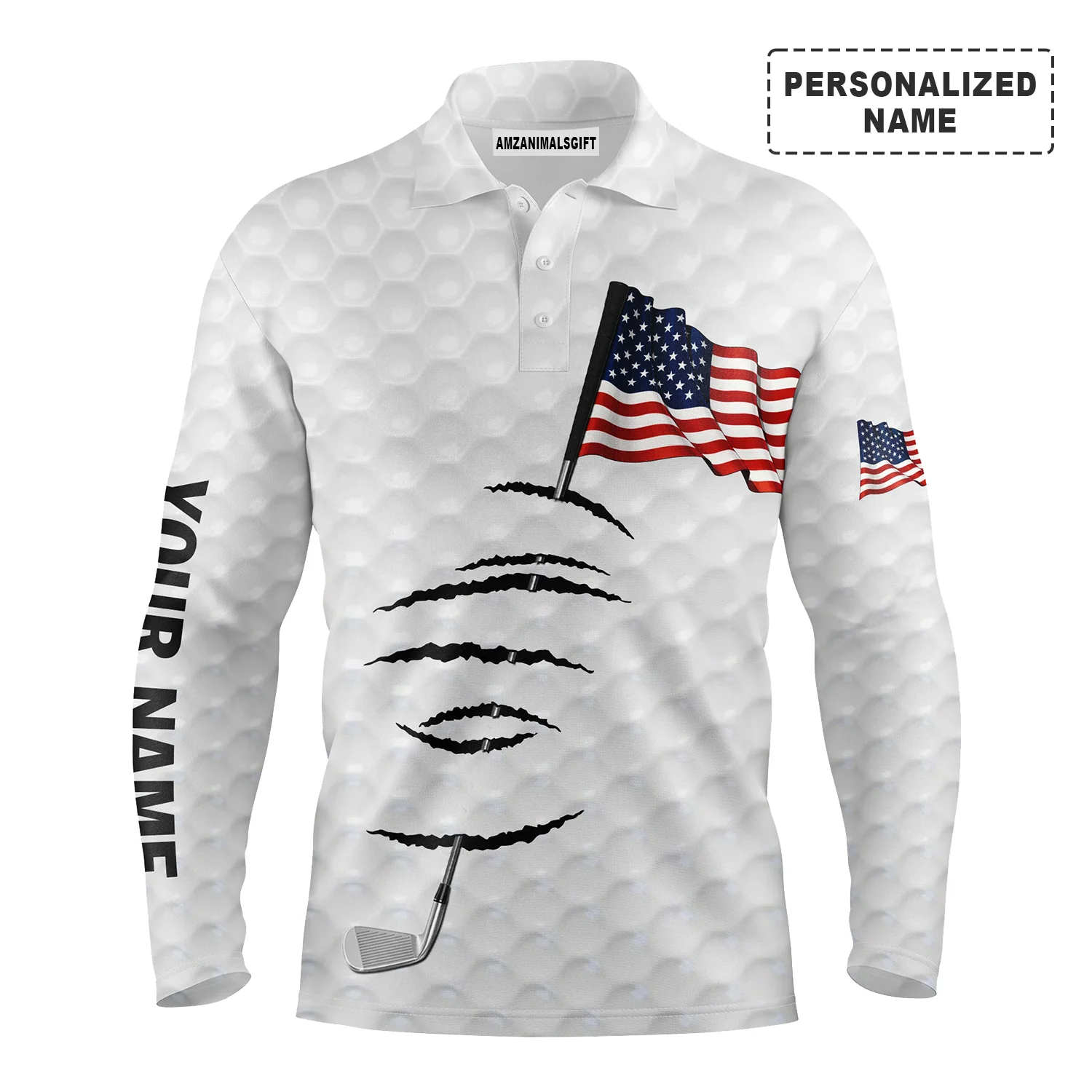 Golf Long Sleeve Polo Shirt Golf Stick American Flag 4th July Customized Name For Men, Personalized Outfit For Golf Lover, Team, Golfers - Image 2