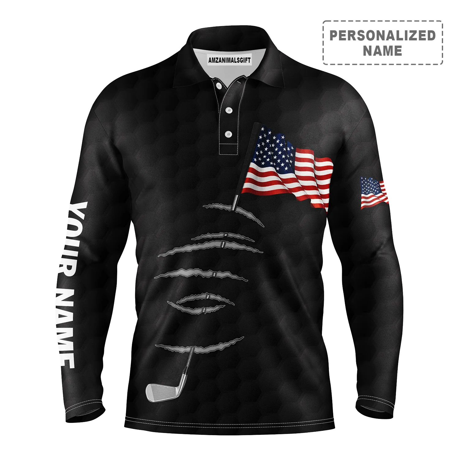 Golf Long Sleeve Polo Shirt Golf Stick American Flag 4th July Customized Name For Men, Personalized Outfit For Golf Lover, Team, Golfers - Image 3