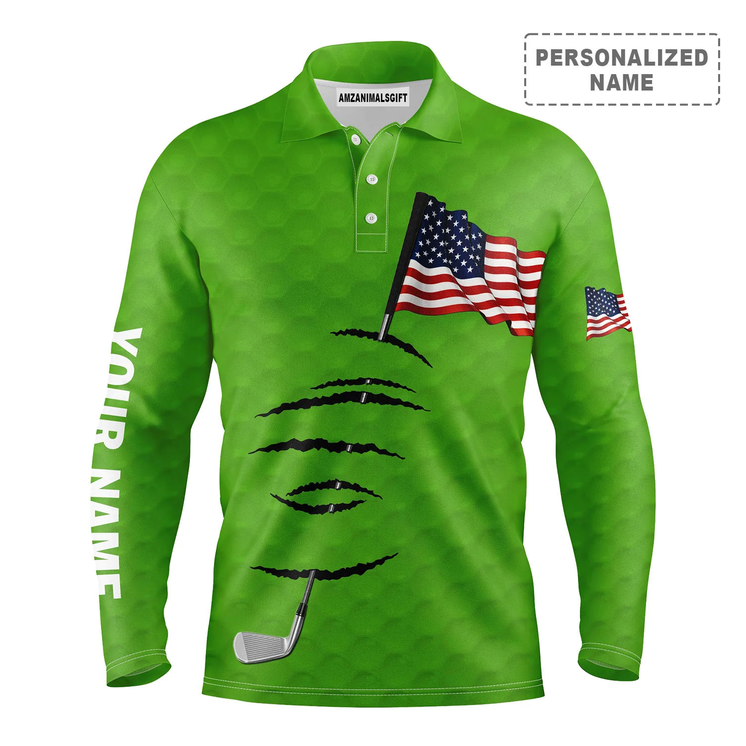 Golf Long Sleeve Polo Shirt Golf Stick American Flag 4th July Customized Name For Men, Personalized Outfit For Golf Lover, Team, Golfers - Image 4