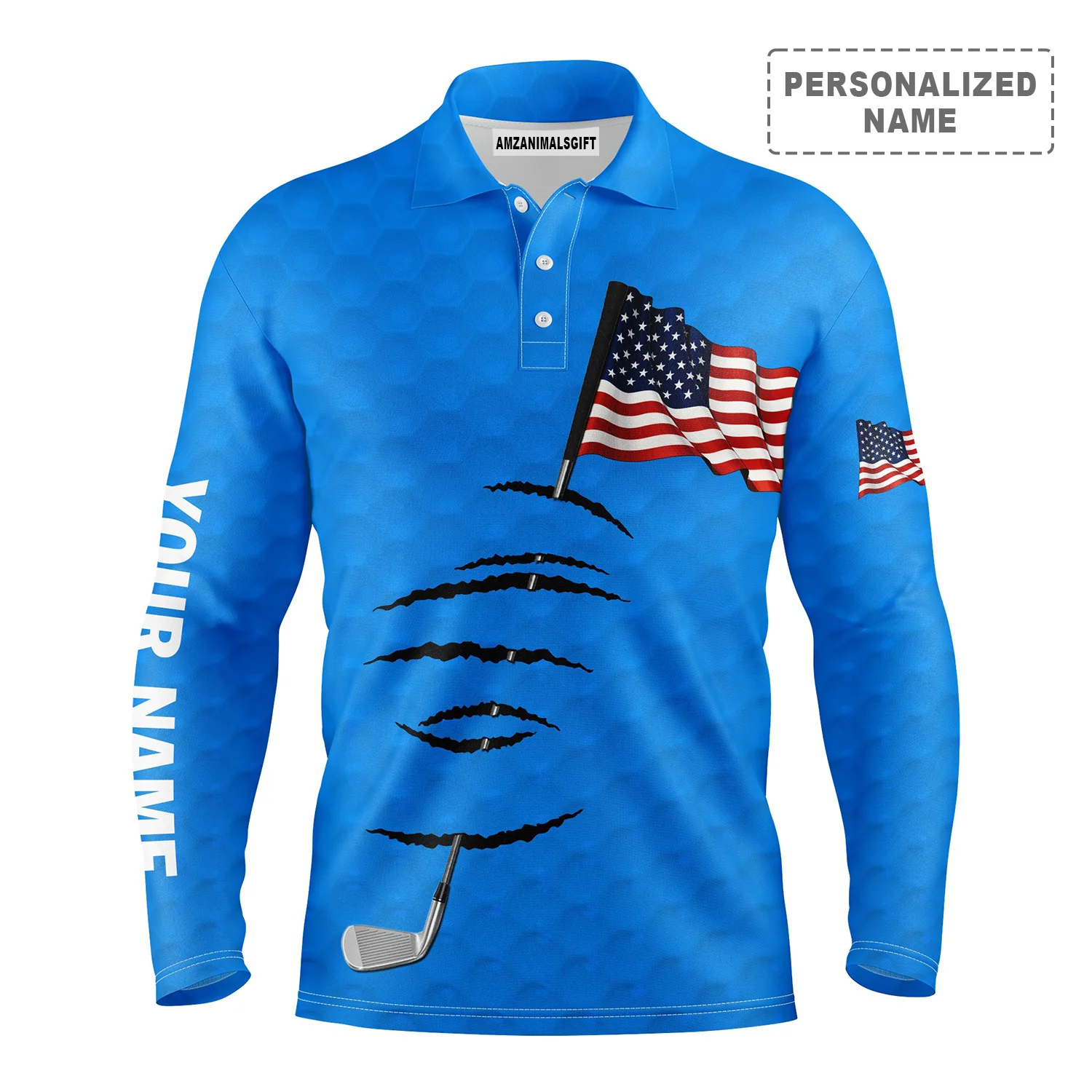 Golf Long Sleeve Polo Shirt Golf Stick American Flag 4th July Customized Name For Men, Personalized Outfit For Golf Lover, Team, Golfers - Image 5