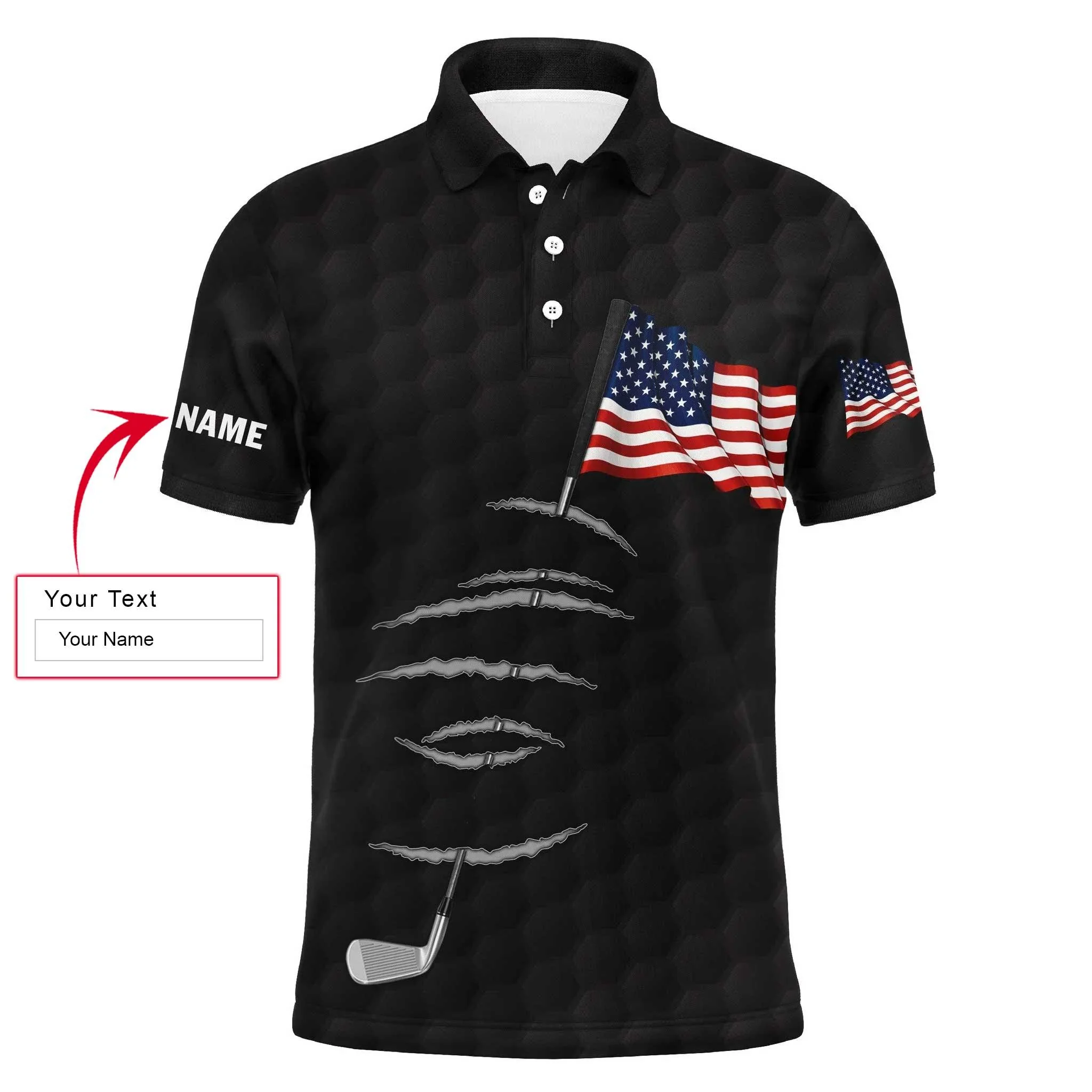 Golf Long Sleeve Polo Shirt Golf Stick American Flag 4th July Customized Name For Men, Personalized Outfit For Golf Lover, Team, Golfers - Image 7