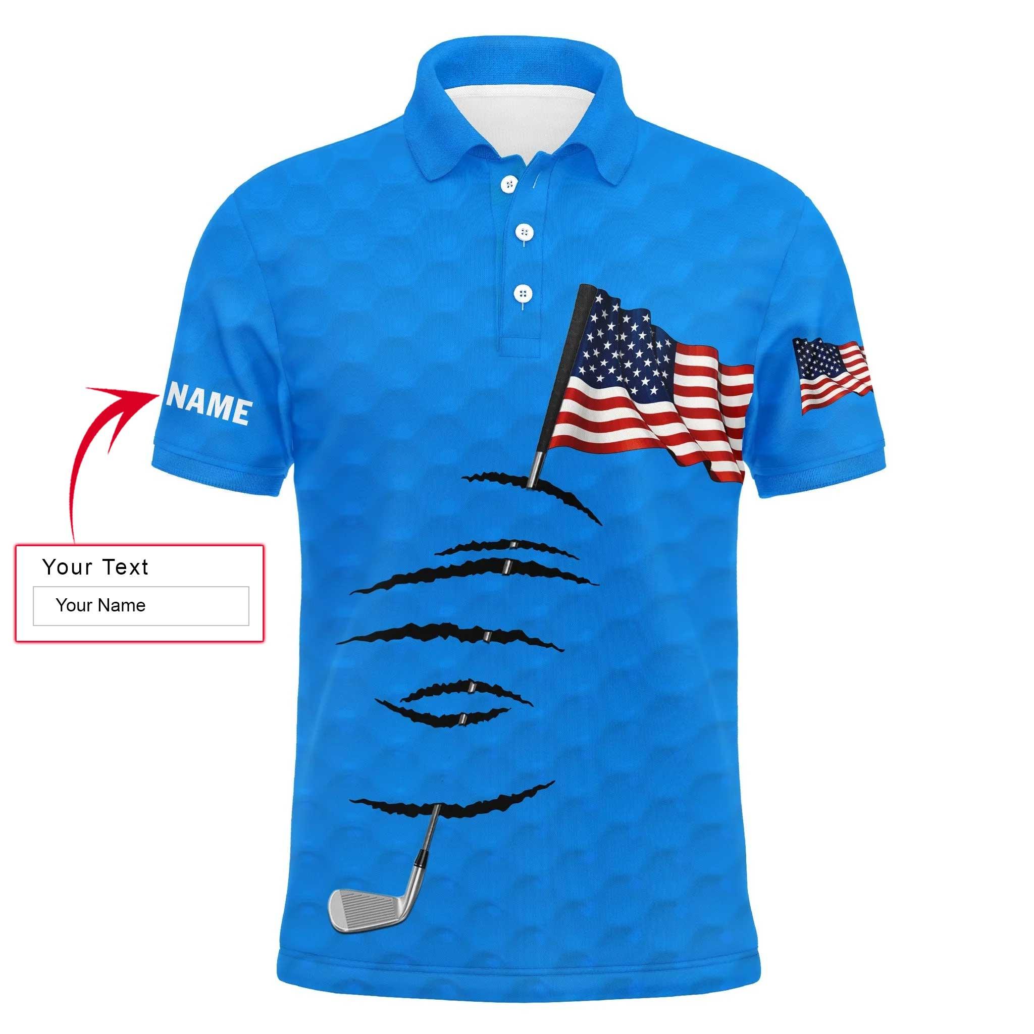 Golf Long Sleeve Polo Shirt Golf Stick American Flag 4th July Customized Name For Men, Personalized Outfit For Golf Lover, Team, Golfers - Image 9