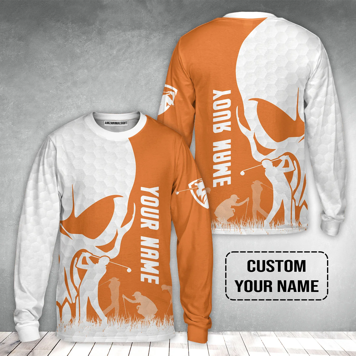 Golf Long Sleeve Shirt - Custom Name Skull White Golf Ball, Orange Apparel Long Sleeve Shirt - Personalized Gift For Golf Lover, Team, Husband, Boyfriend, Men