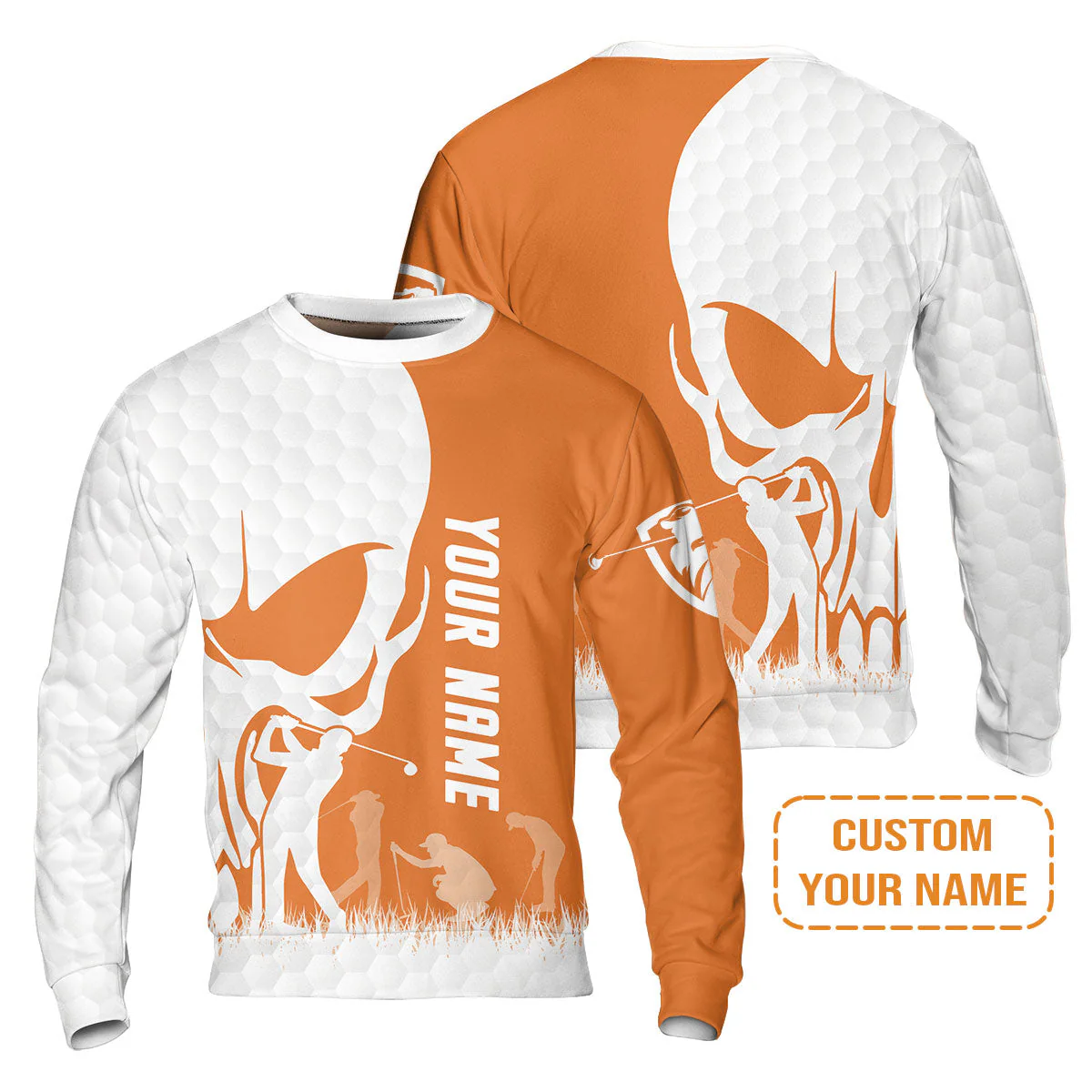 Golf Long Sleeve Shirt - Custom Name Skull White Golf Ball, Orange Apparel Long Sleeve Shirt - Personalized Gift For Golf Lover, Team, Husband, Boyfriend, Men - Image 6