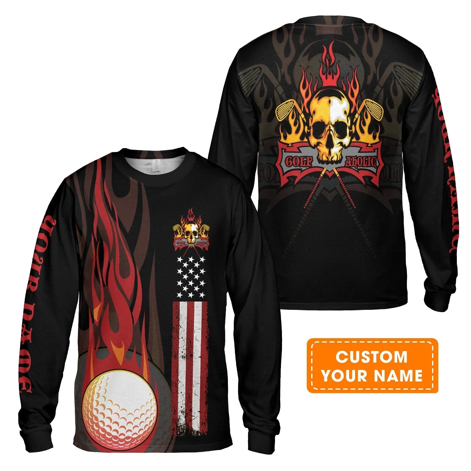 Golf Long Sleeve Shirt - Flame Skull Golf Ball American Flag Custom Name Long Sleeve Shirt - Personalized Gift For Golf Lover, Men, Patriotic - Image 2