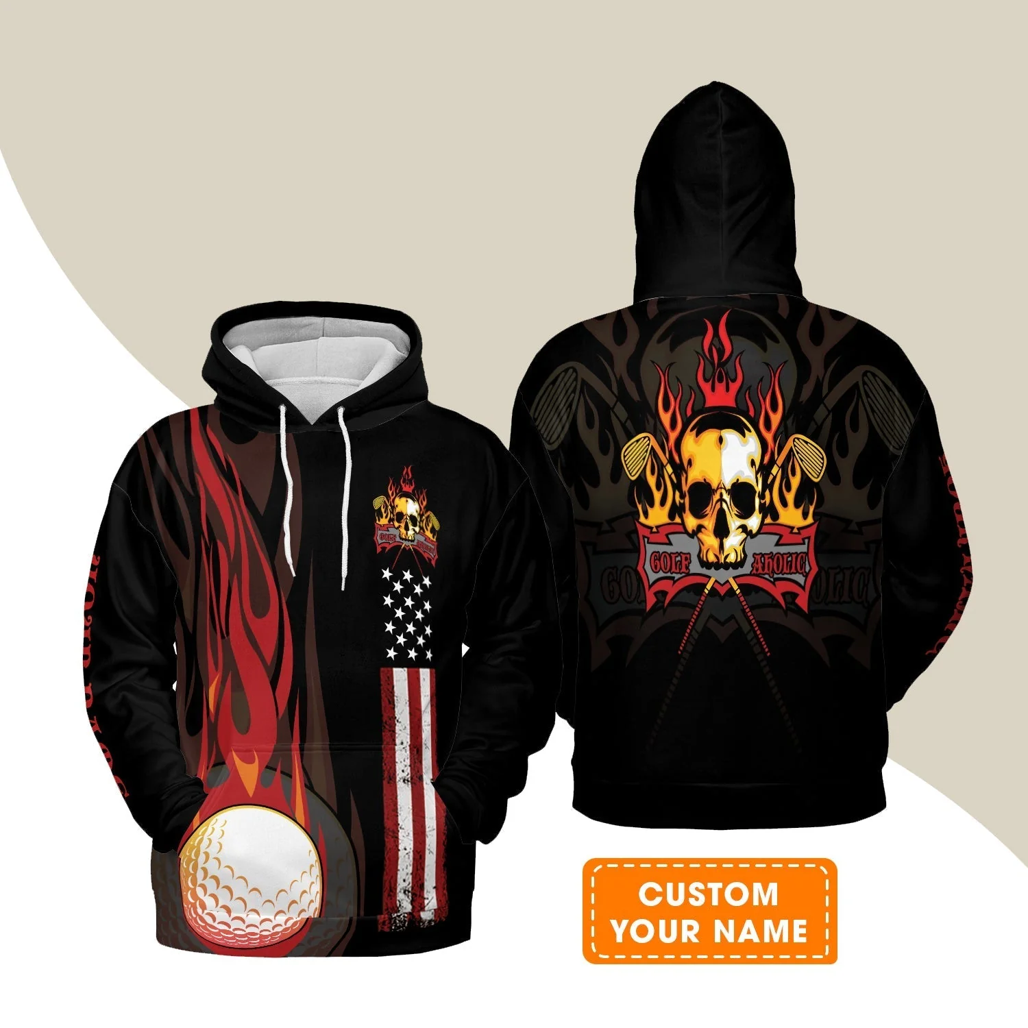 Golf Long Sleeve Shirt - Flame Skull Golf Ball American Flag Custom Name Long Sleeve Shirt - Personalized Gift For Golf Lover, Men, Patriotic - Image 3