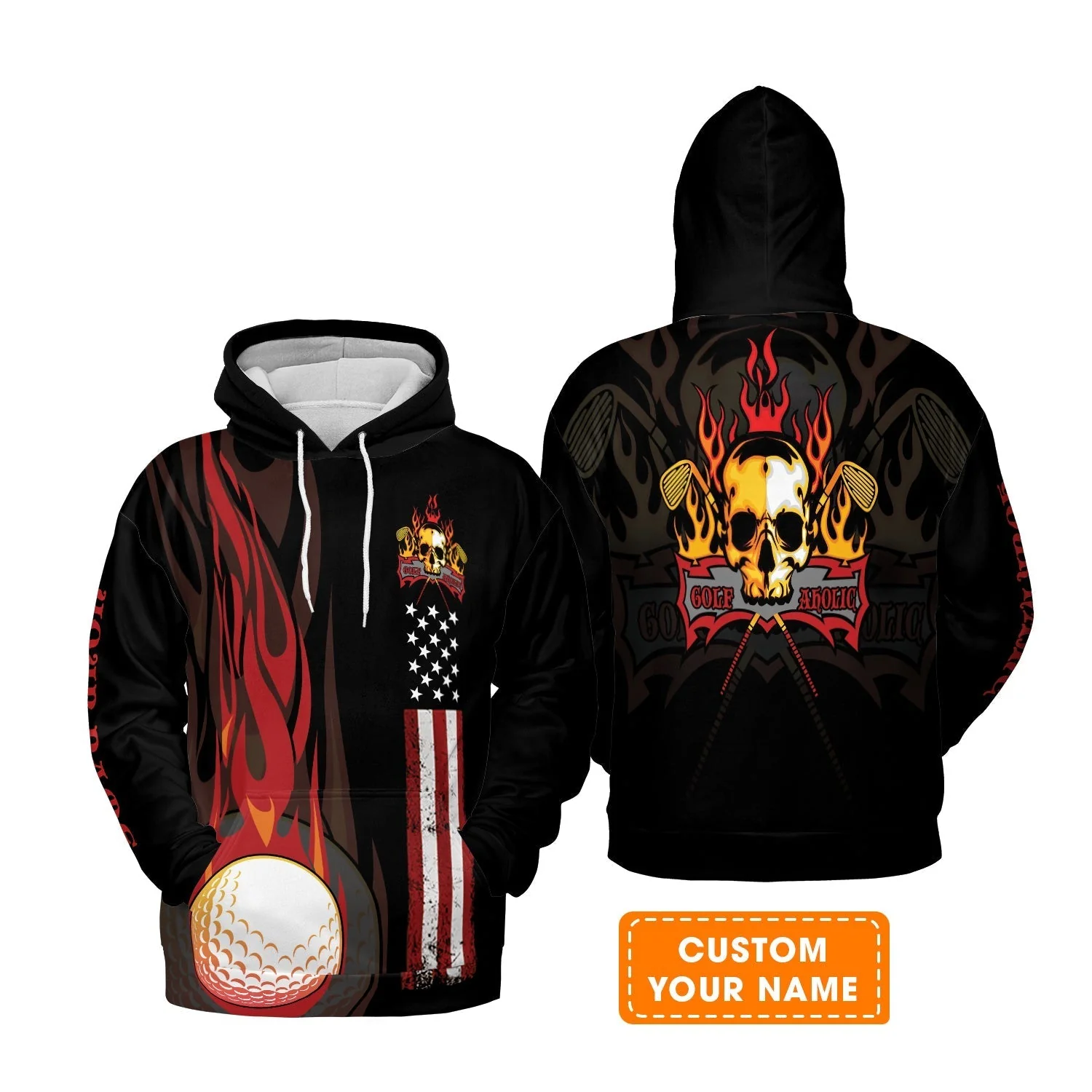 Golf Long Sleeve Shirt - Flame Skull Golf Ball American Flag Custom Name Long Sleeve Shirt - Personalized Gift For Golf Lover, Men, Patriotic - Image 4