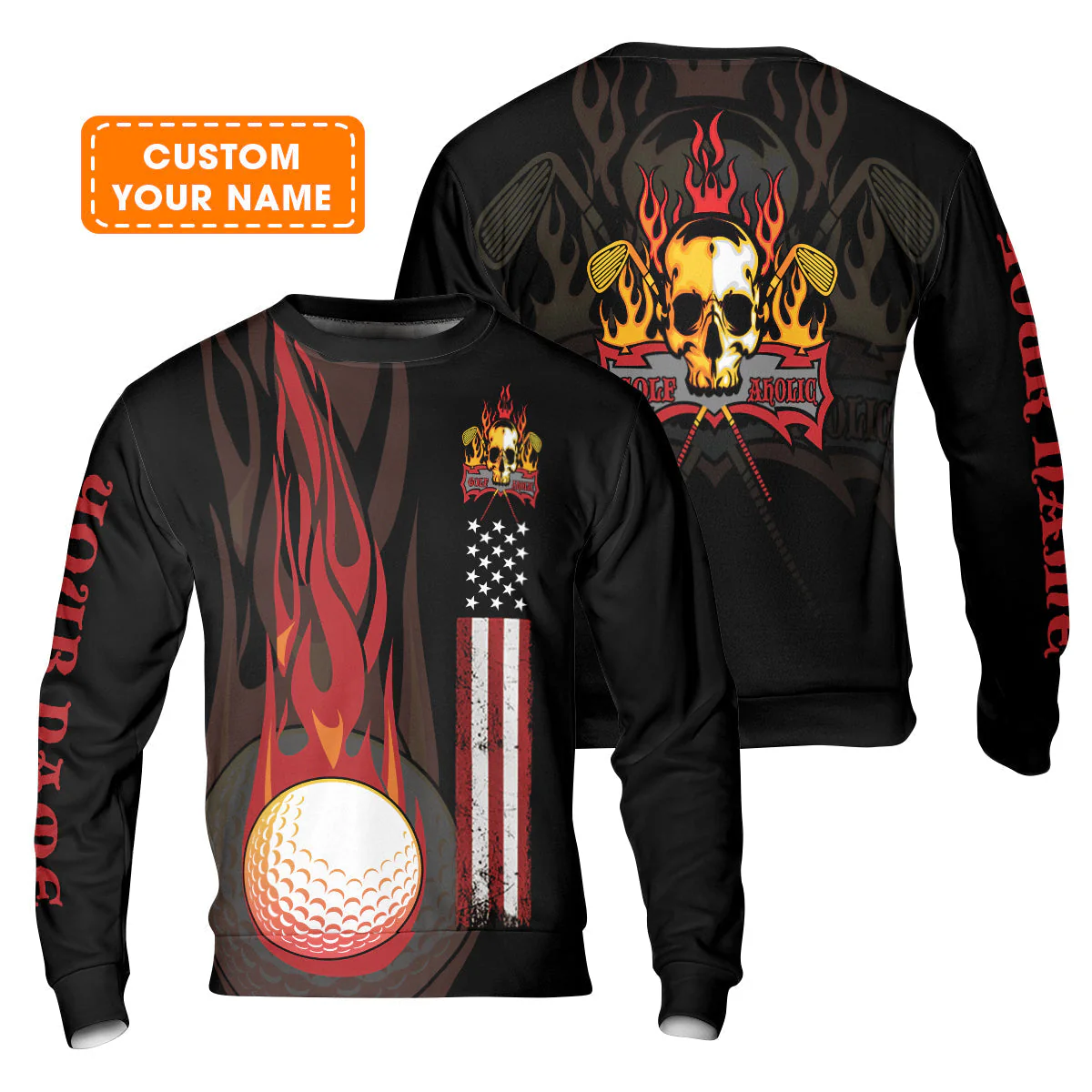 Golf Long Sleeve Shirt - Flame Skull Golf Ball American Flag Custom Name Long Sleeve Shirt - Personalized Gift For Golf Lover, Men, Patriotic - Image 5