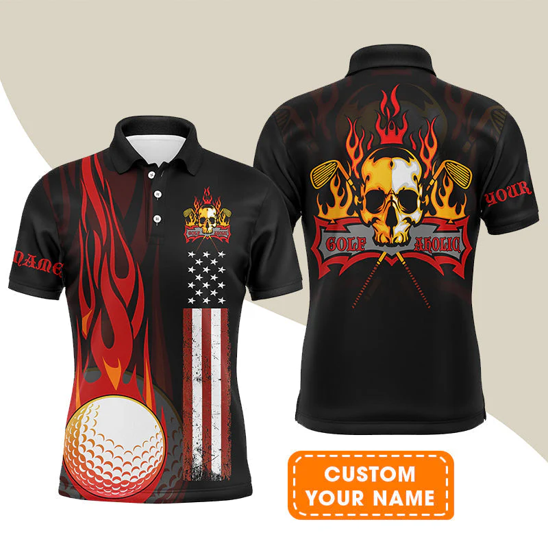 Golf Long Sleeve Shirt - Flame Skull Golf Ball American Flag Custom Name Long Sleeve Shirt - Personalized Gift For Golf Lover, Men, Patriotic - Image 7
