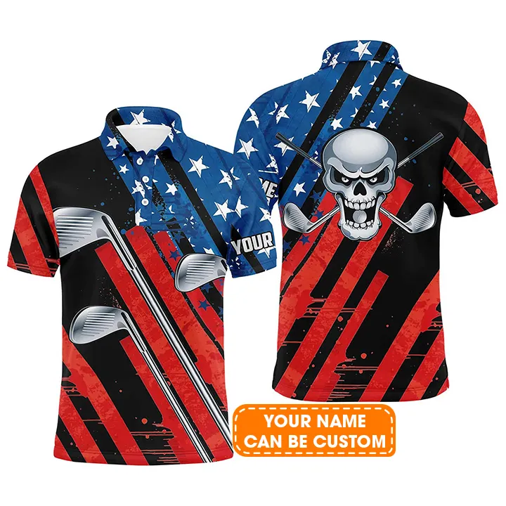 Golf Men Polo Shirt - American Flag 4th July Skull Golf Clubs Custom Name Apparel - Personalized Gift For Golf Lover, Men, Patriot, Independence Day - Image 2