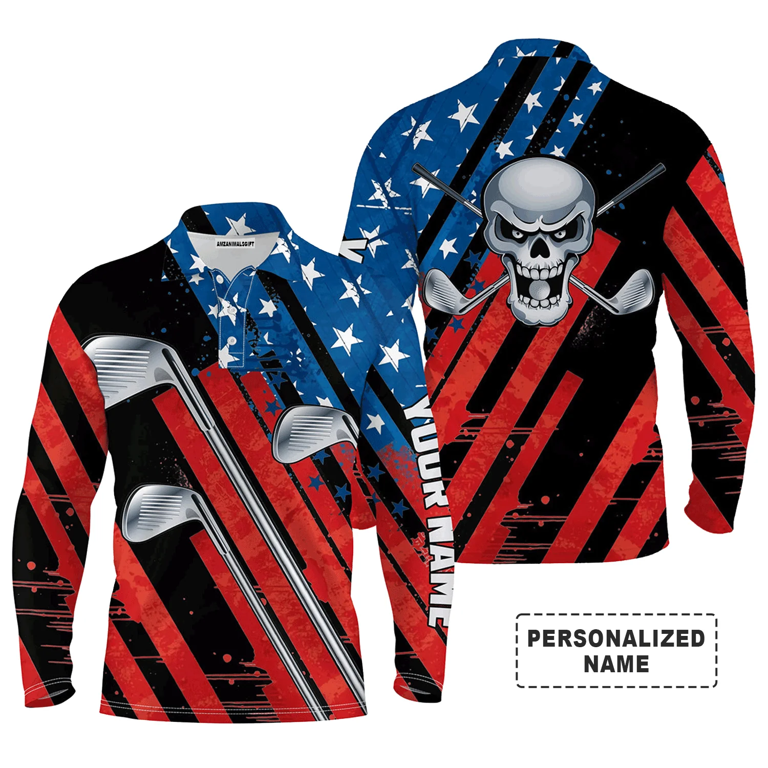 Golf Men Polo Shirt - American Flag 4th July Skull Golf Clubs Custom Name Apparel - Personalized Gift For Golf Lover, Men, Patriot, Independence Day - Image 3