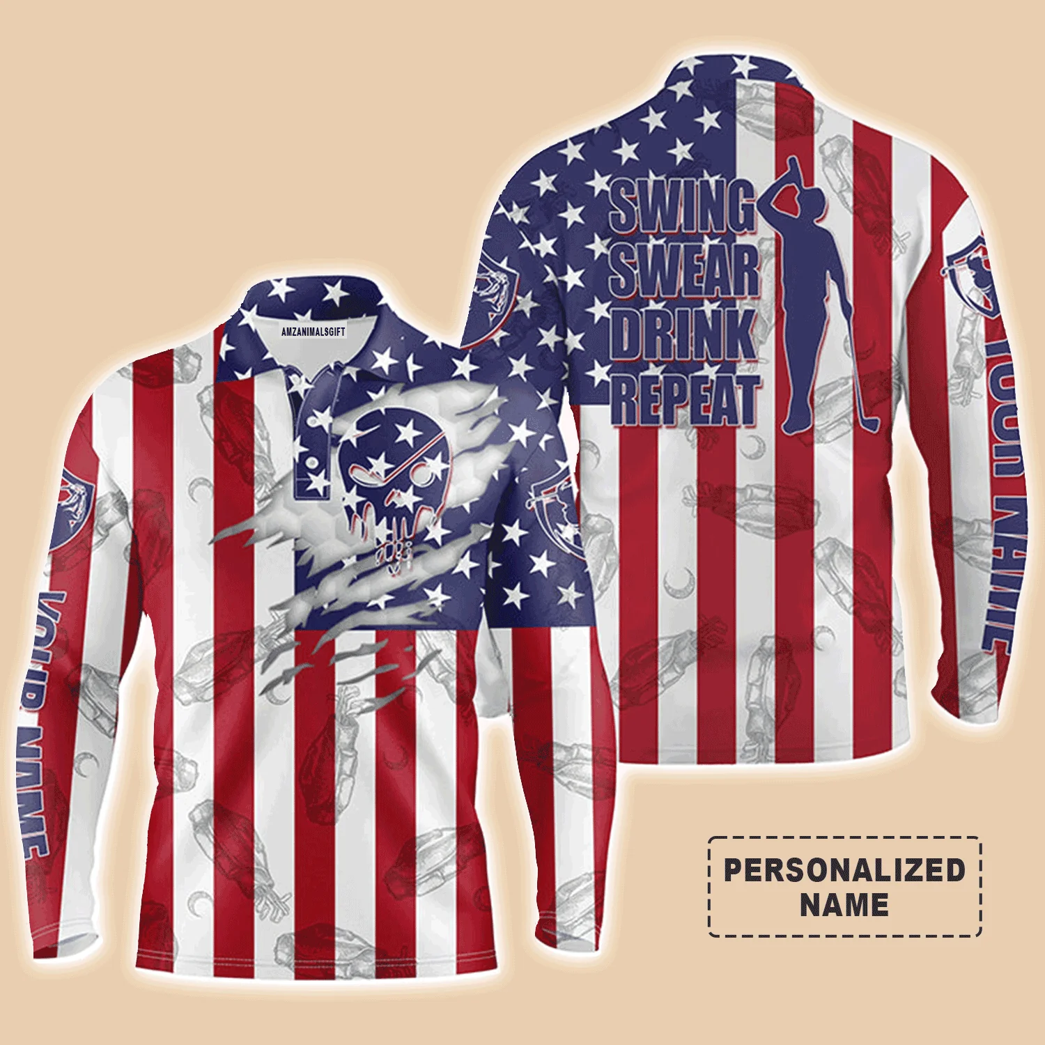 Golf Men Polo Shirt, American Flag Custom Name Skull Golf Clubs Pattern Apparel, Personalized Gift For Golf Lover, Patriotic, Swing Swear Drink Repeat - Image 3